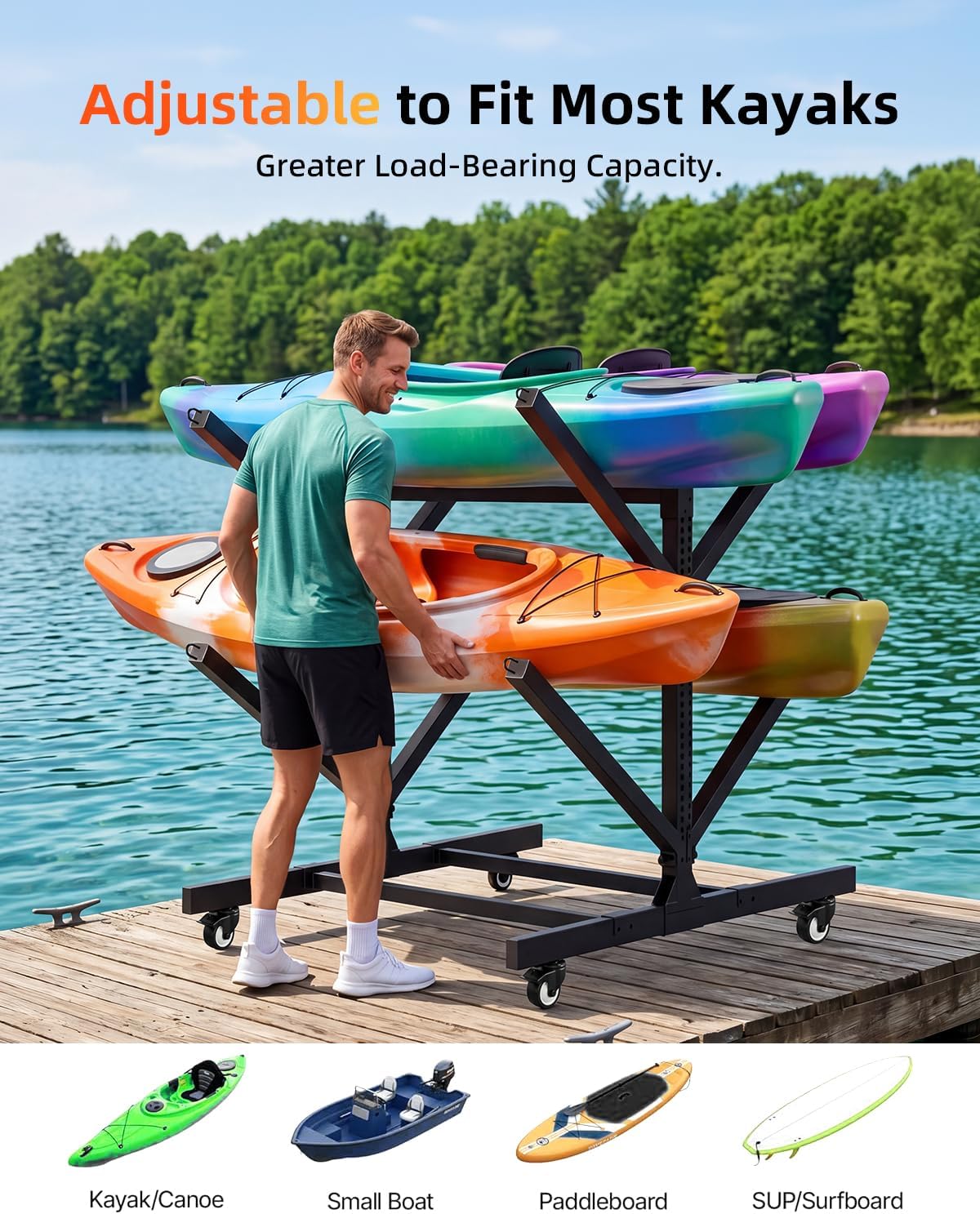 2/4-Tier Double-Sided Kayak Storage Rack with Wheels, Heavy Duty Freestanding Canoe Stand for 2～8 Kayaks, 600lbs Capacity, Adjustable Arms, Indoor Outdoor Garage