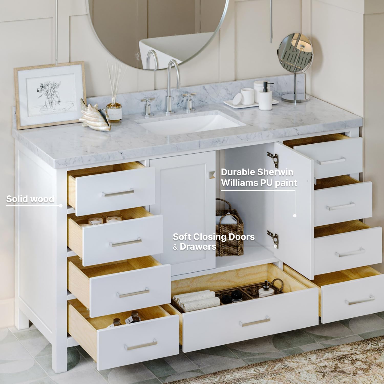 ARIEL Cambridge 60-inch Bathroom Vanity with Sink,Solid Wood, 1.5-inch Italian Carrara Marble Countertop, Single Rectangular Porcelain Sink, 2 Soft Closing Doors, 9 Dovetail Drawers, White