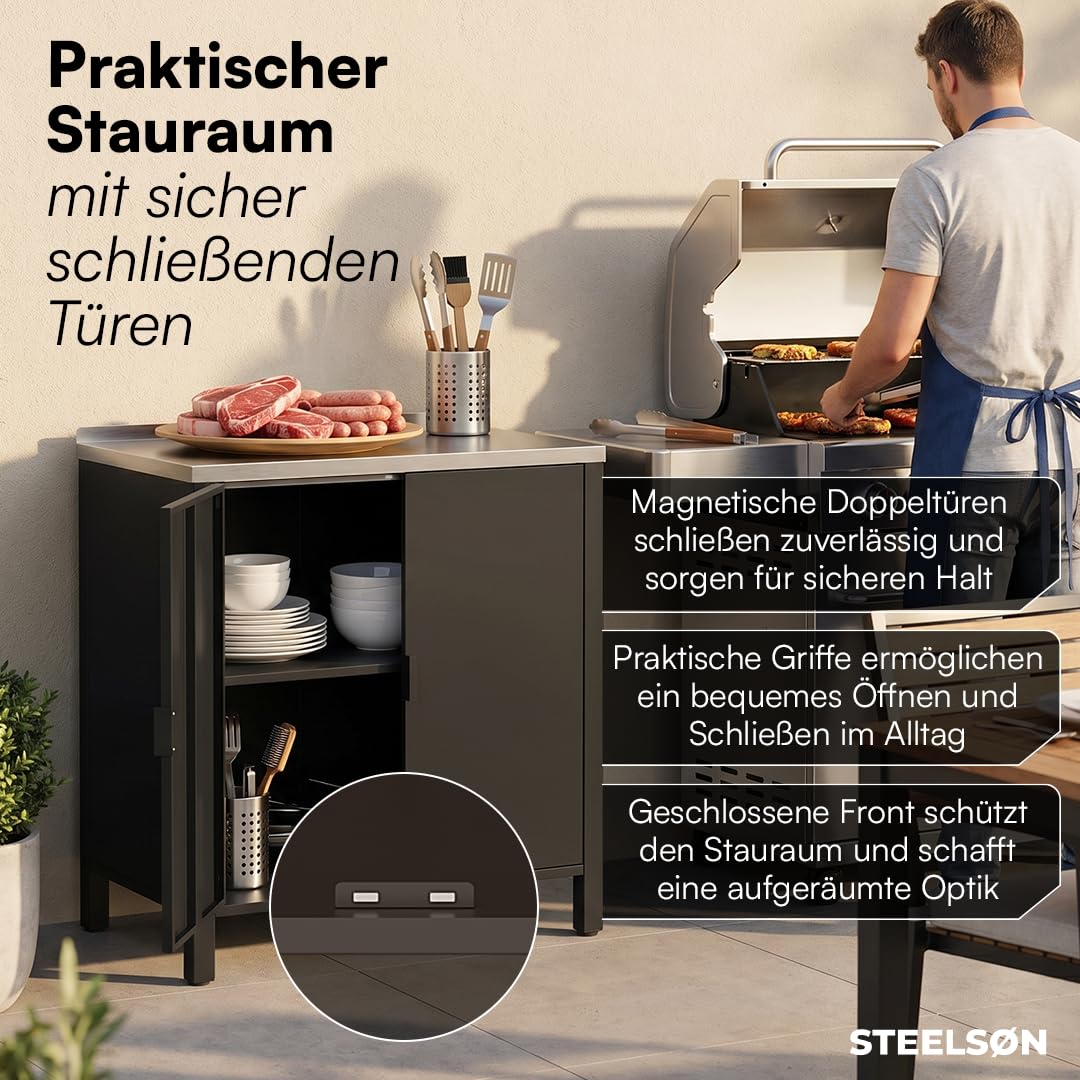 STEELSØN Zephios Gartenschrank 94,5x80x50 cm – Outdoor Küchenschrank mit Edelstahl Arbeitsplatte & 2 Fächern – stabile Kommode aus Metall – Terrassenschrank wetterfest Terrasse/Grillstation, schwarz