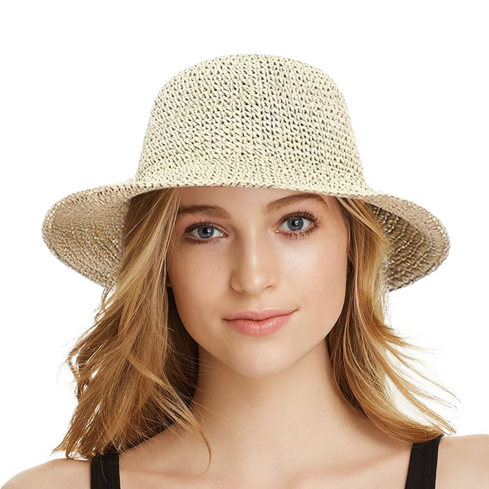 Sombrero de Sol para Mujer,Sombrero de Paja de Las Mujeres, Sombrero de Viaje de Verano Paja de Verano Plegable de ala Ancha para Playa