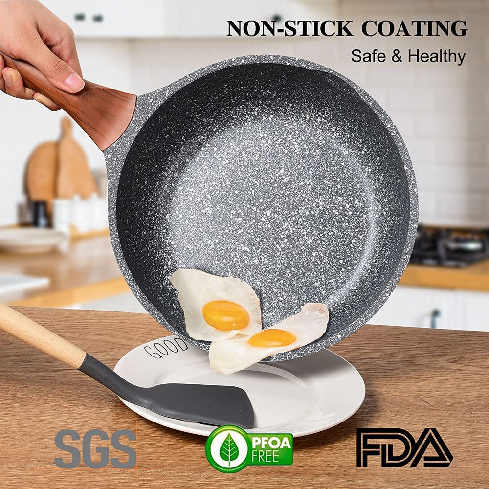 RIOVARM 30cm Sartén honda con tapa, Inducción Antiadherente Sartenes para freír, Granito Sartenes para huevos sin PFOA, Mármol Sartén para Tortilla con mango de baquelita Woodgrain, Apta para Gas