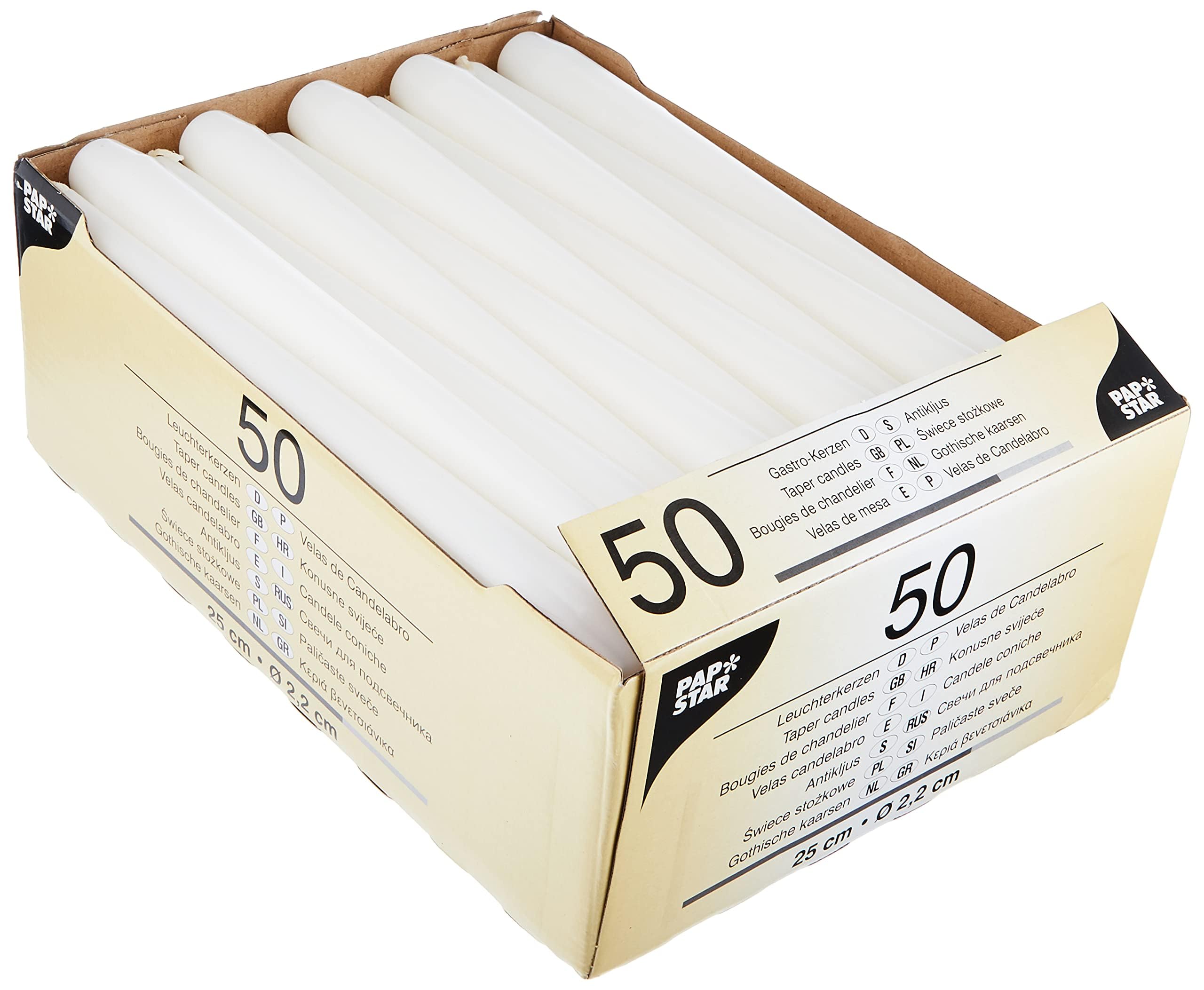PAPSTAR 17966 Lot de 50 bougies de chandelier Ø 2,2 x 25 cm, blanc
