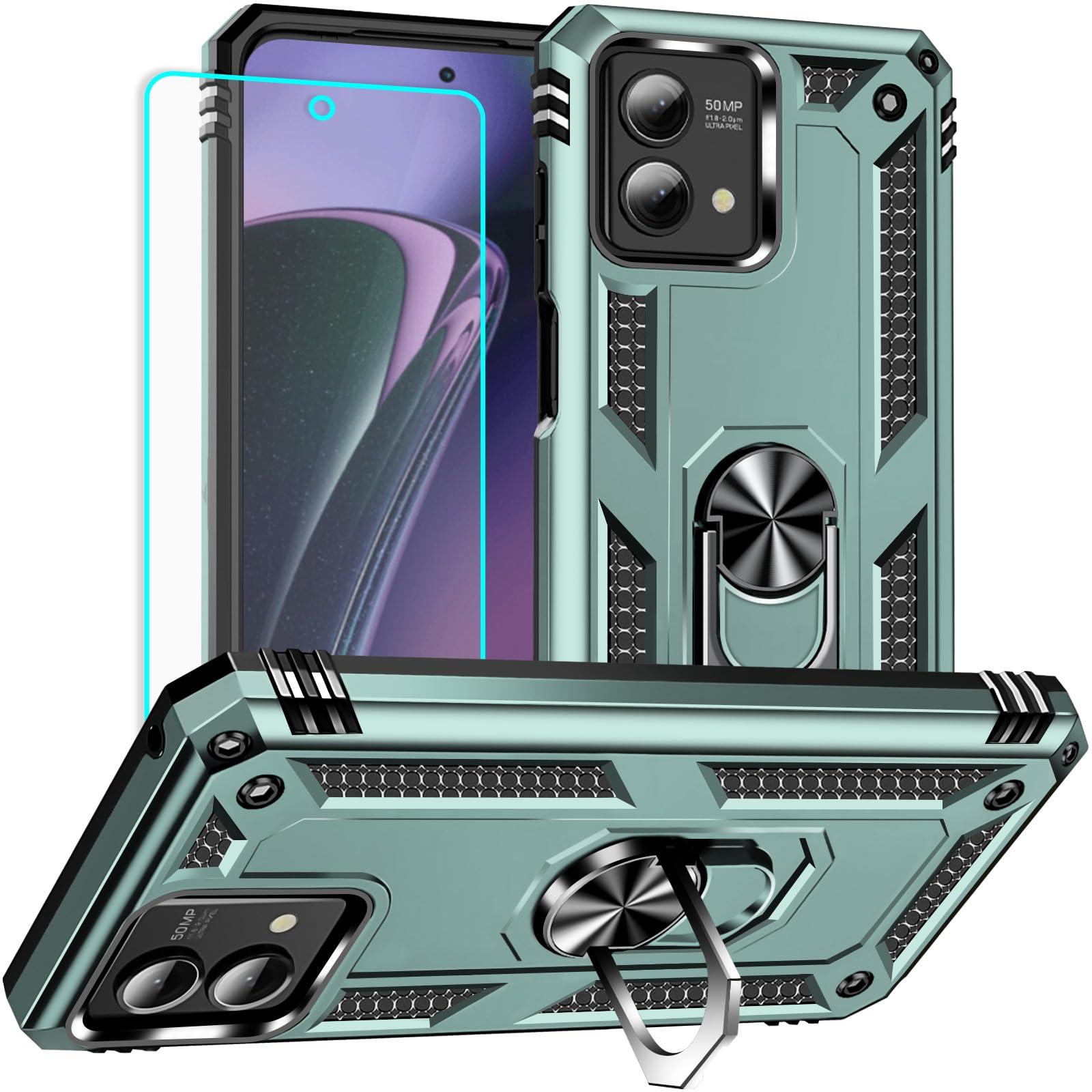 Yiakeng Moto G Stylus 5G 2023 Case with HD Screen Protector, Military Grade Protective Case with Ring Stand for Moto G Stylus 5G 2023 (Dark Green)