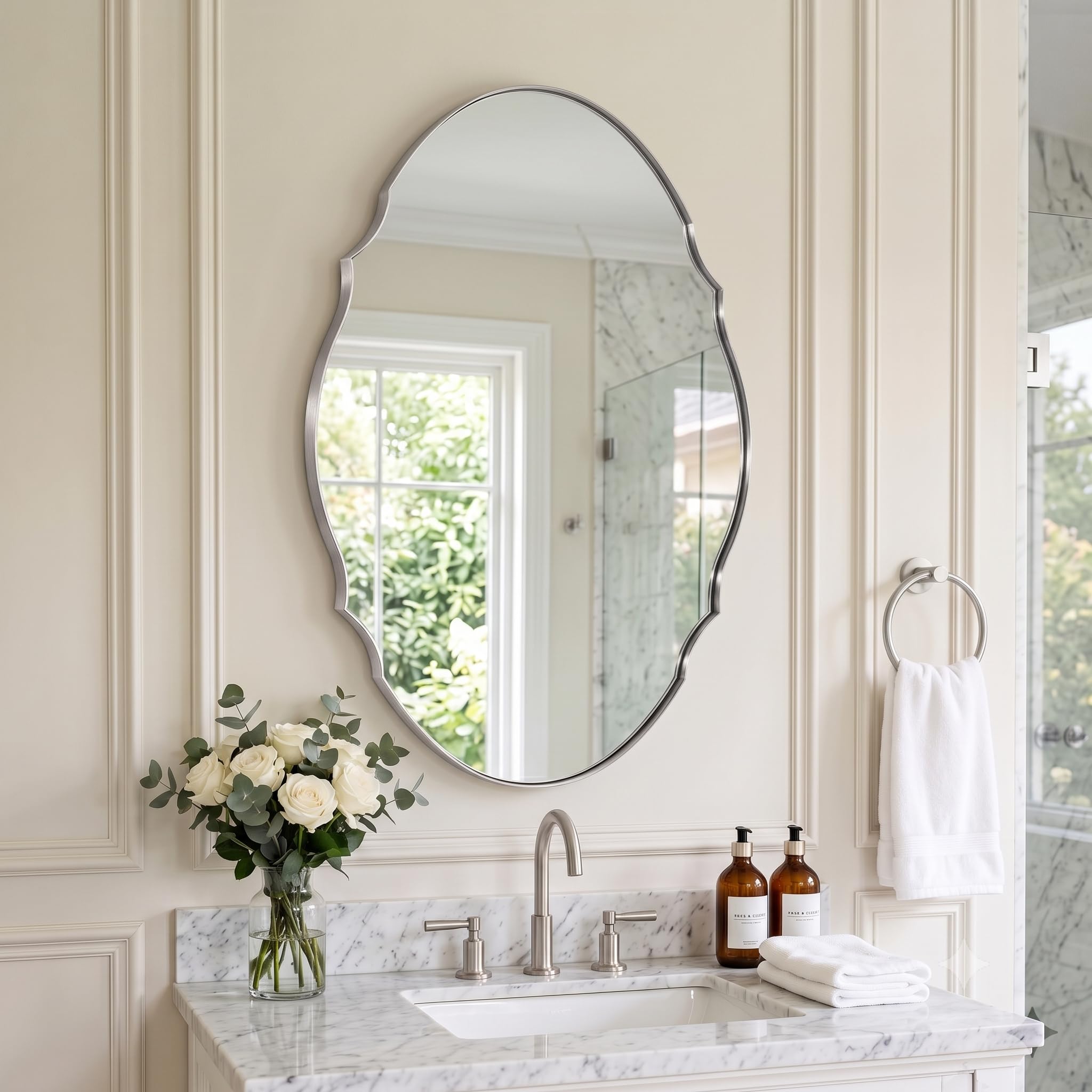 MIRRORART brushed nickel scalloped oval mirror 20x30 - product photo
