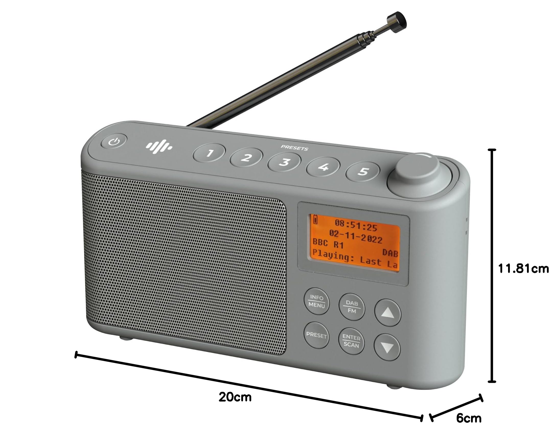 Radio DAB/DAB+ e FM, Radio Portatili Alimentata a Corrente e Batteria Ricaricabile, Radiolina Portatile con caricatore USB per un'autonomia di 15 ore (Grigio)