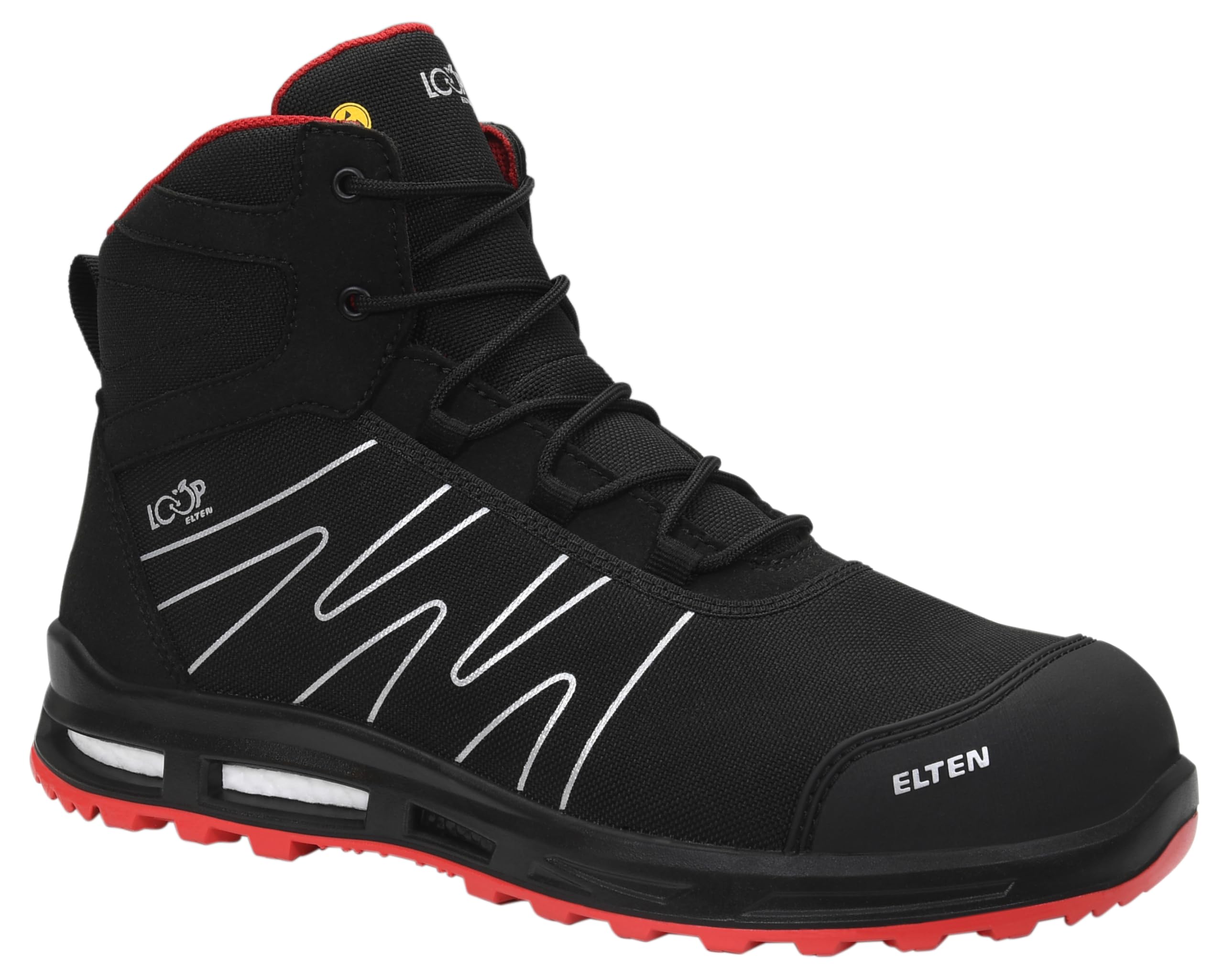 ELTEN Sicherheitsstiefel Enno XXT Pro Mid ESD S3S, Damen und Herren, Textil/Textil, Kunststoffkappe, leicht, sportlich, Schwarz/Rot