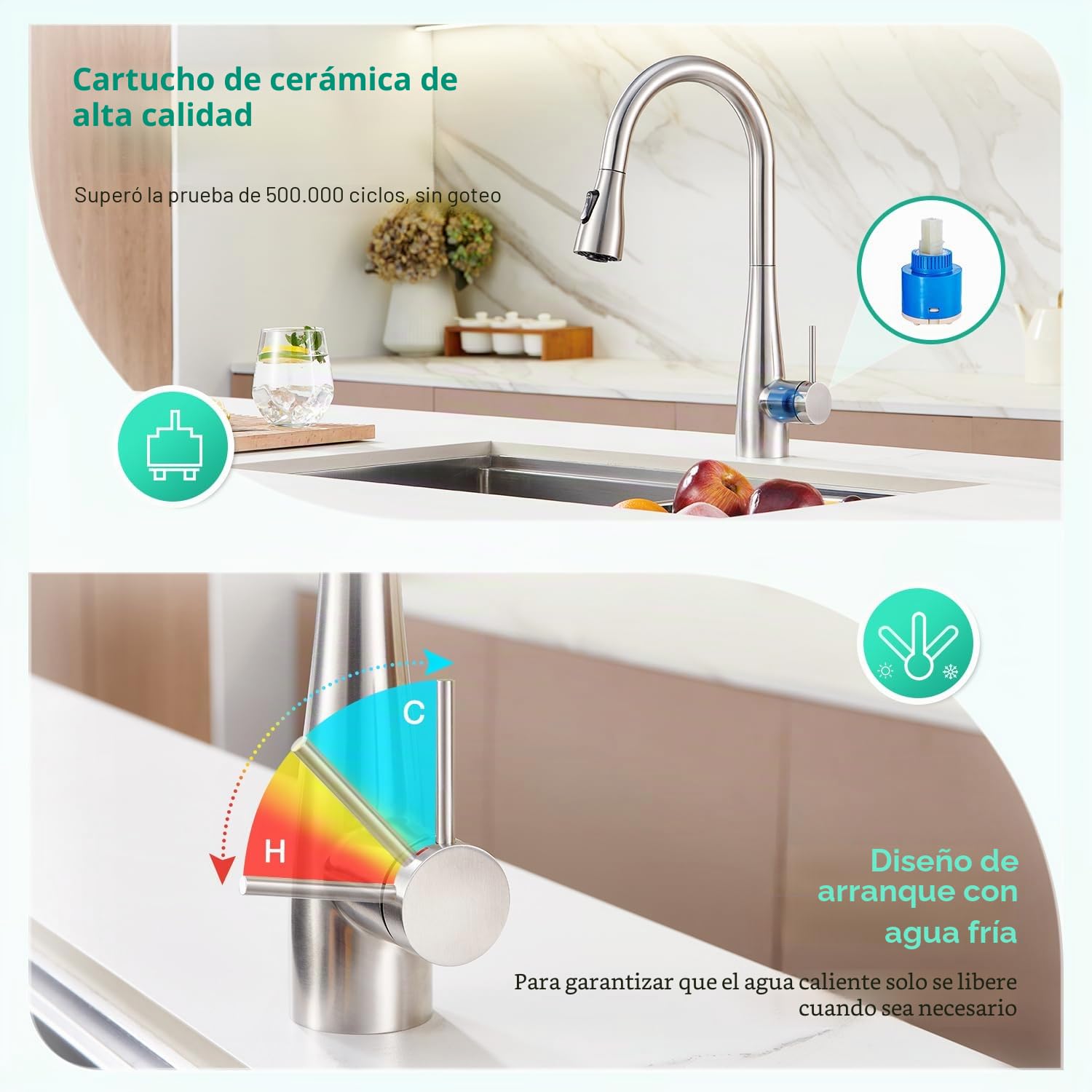CREA Grifo de Cocina para Fregadero con Ducha extensible, Mezclador Monomando, cepillado