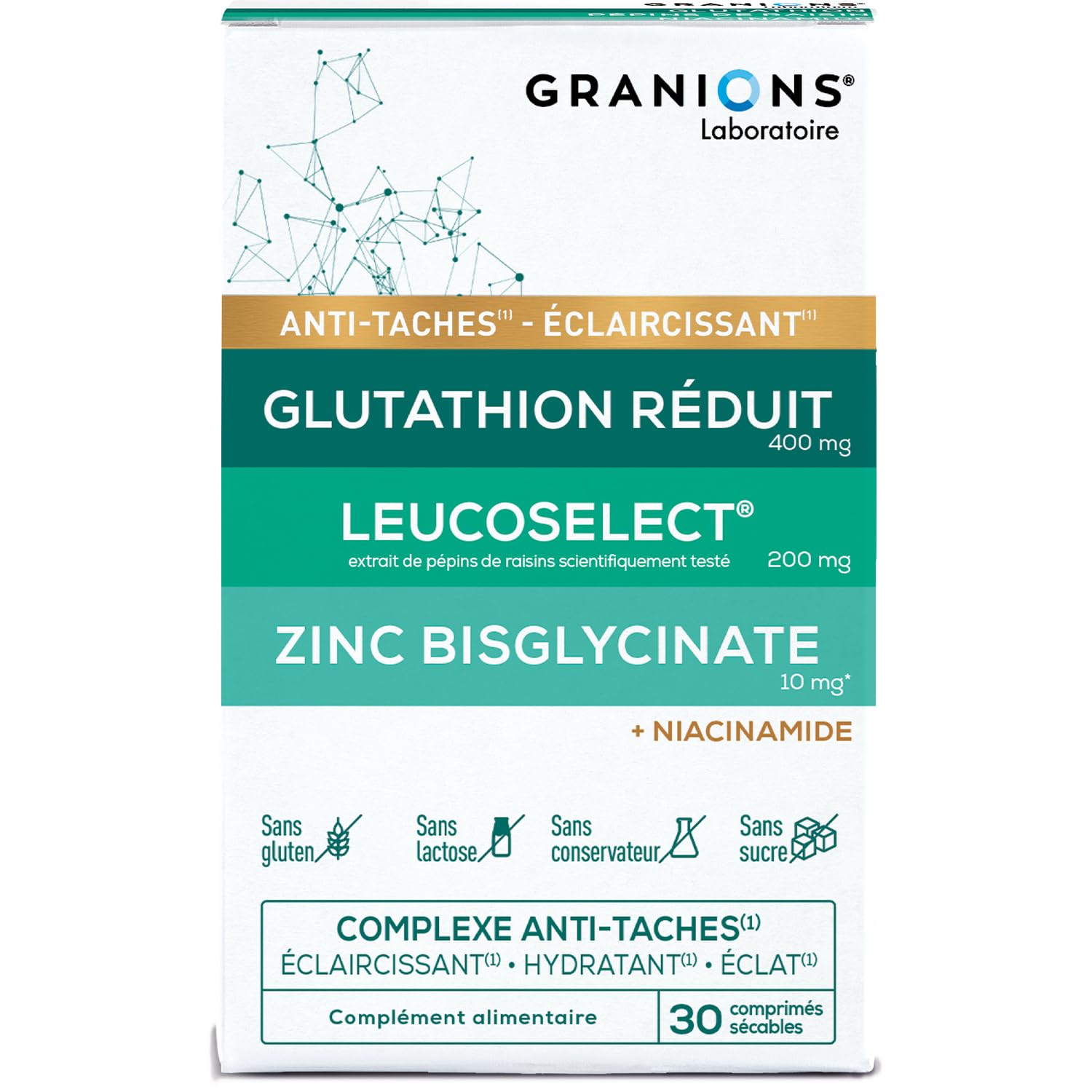 GRANIONS - COMPLEXE ANTI TACHE VISAGE – Glutathion, Vitamine C, Zinc bisglycinate, Selenium, Niacinamide - Éclat, Uniformité du Teint, Éclaircissant, Hydratant Visage - Fabriqué en France - 1 MOIS