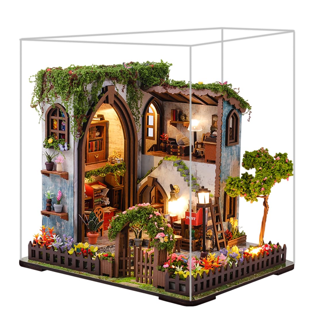 Puppenhaus DIY Miniatur Holzhaus mit LED-Beleuchtung, Holz 3D Puzzle Bücherregal，Kreatives Bastelset Kreative Dekofigur (mit Staubschutzkappe)