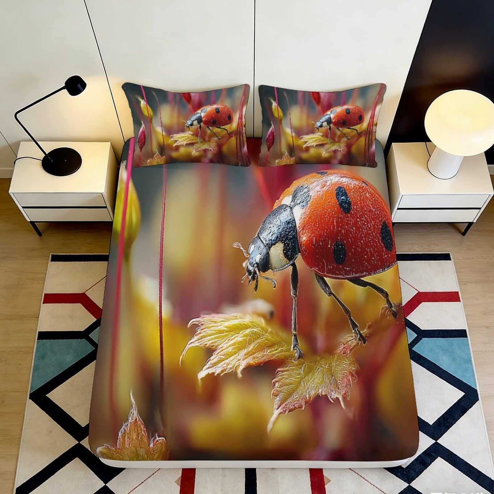 Jqzkxnhpbr Style-10 3D Printed Ladybug On Yellow Flower Fitted Sheet Microfiber Soft Non-Slip Bed Sheet For Bedroom Guestroom Decor Easy Care 90X200x25cm