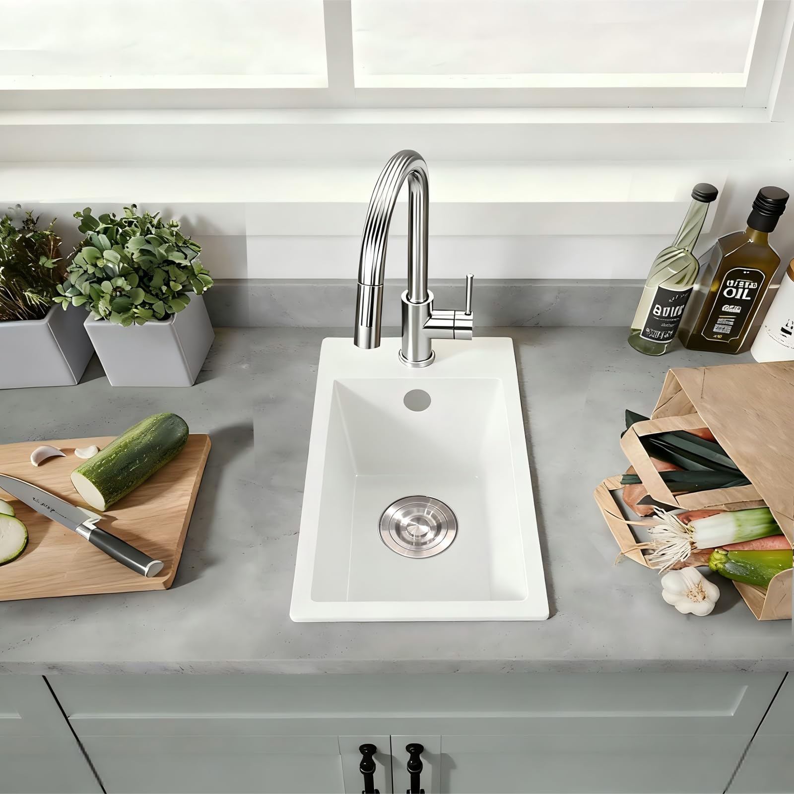 Fregadero Granito Blanco 28x50cm, Pequeño Fregadero de Barra Húmeda, Sobre encimera al mueble 30cm, Minilavabo de Cocina para Exteriores, para RV, con Rebosadero, Rejilla Enrollable y Sifón