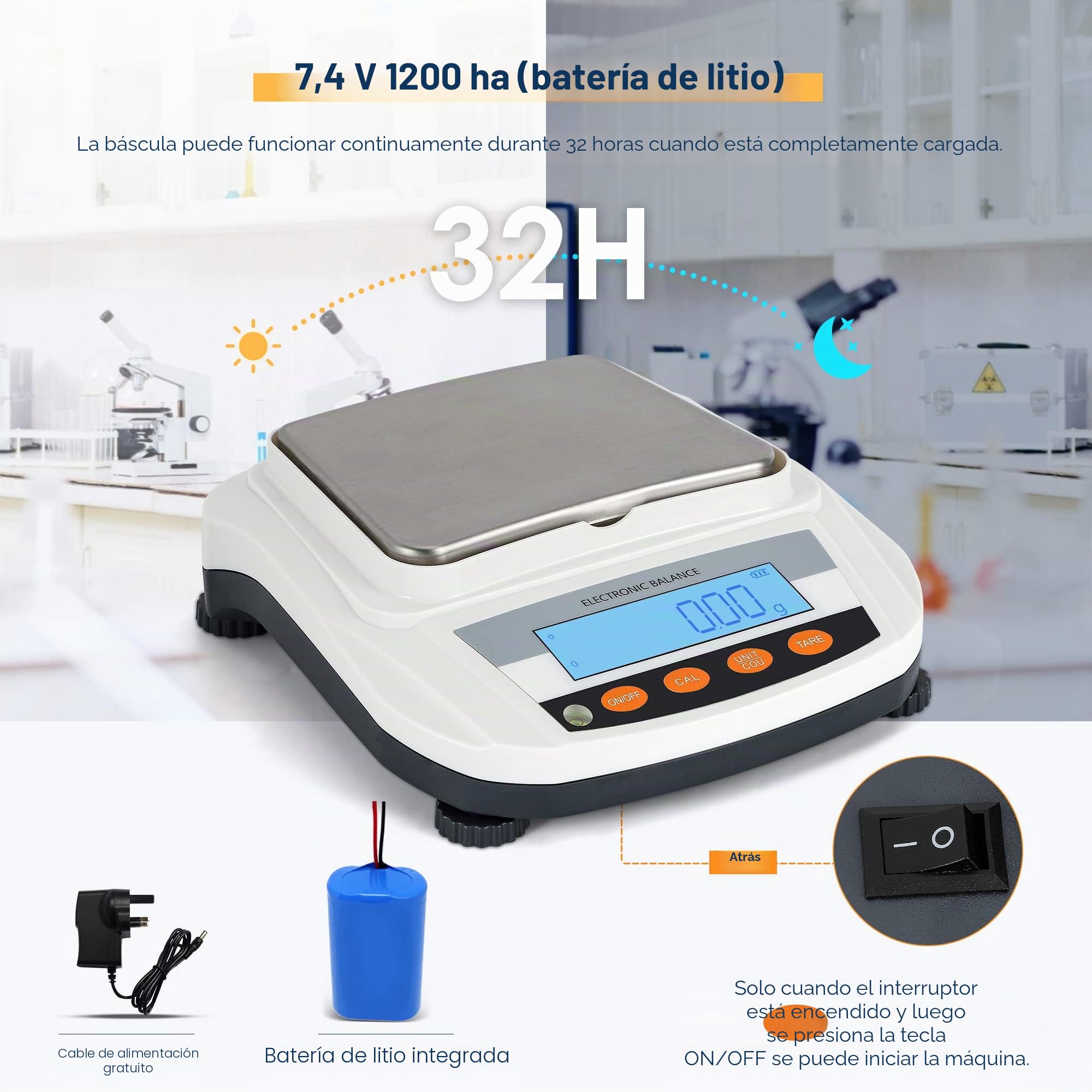 Bonvoisin Báscula Analítica de Laboratorio 3000g x 0.01g, Balanza Alta Precisión con 17 Unidades, Conteo & Auto-Calibración, Plato Acero Inox y Batería 32H, para Lab, Joyería, Uso Industrial