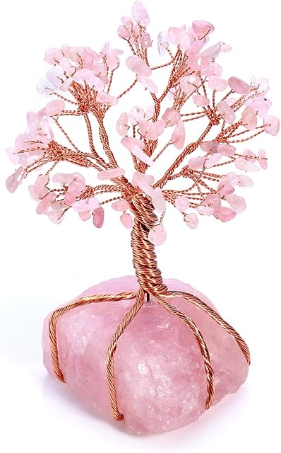 CrystalTears Rose Quartz Crystal Tree Natural Healing Crystal Gemstone Money Tree Ornament for Home Desk Decor Wealth Good Luck