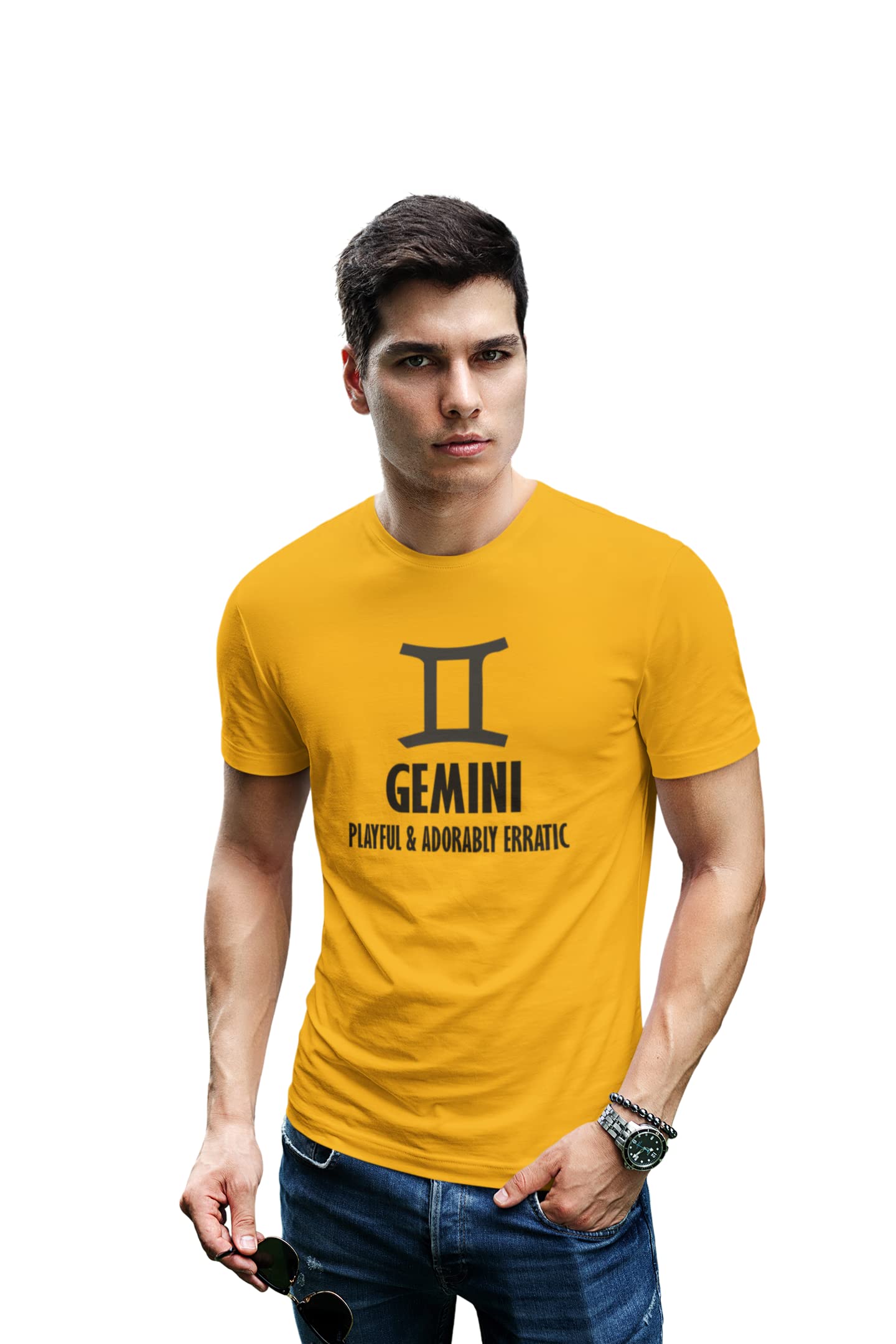 Jugaadu Style Gemini, Playful and Adorably Erratic (BG Black) (Yellow T) - Printed Zodiac Sign Tshirts - Made Especially for Astrology Lovers People