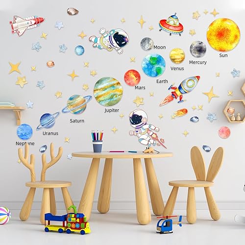 Miniatura 4 de Suplanet Calcomanías de pared de astronauta y sistema solar, caricatura, astronauta, planeta, estrella, nave espacial, OVNI, decoración de