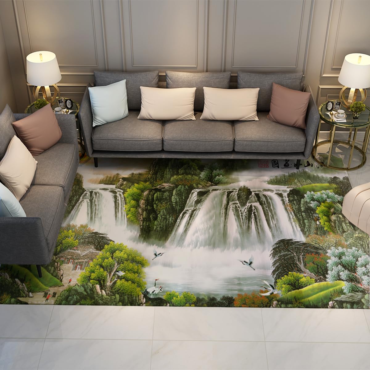 Tapis de salon 160x230cm aux motifs de cascades vertes pour ambiance zen