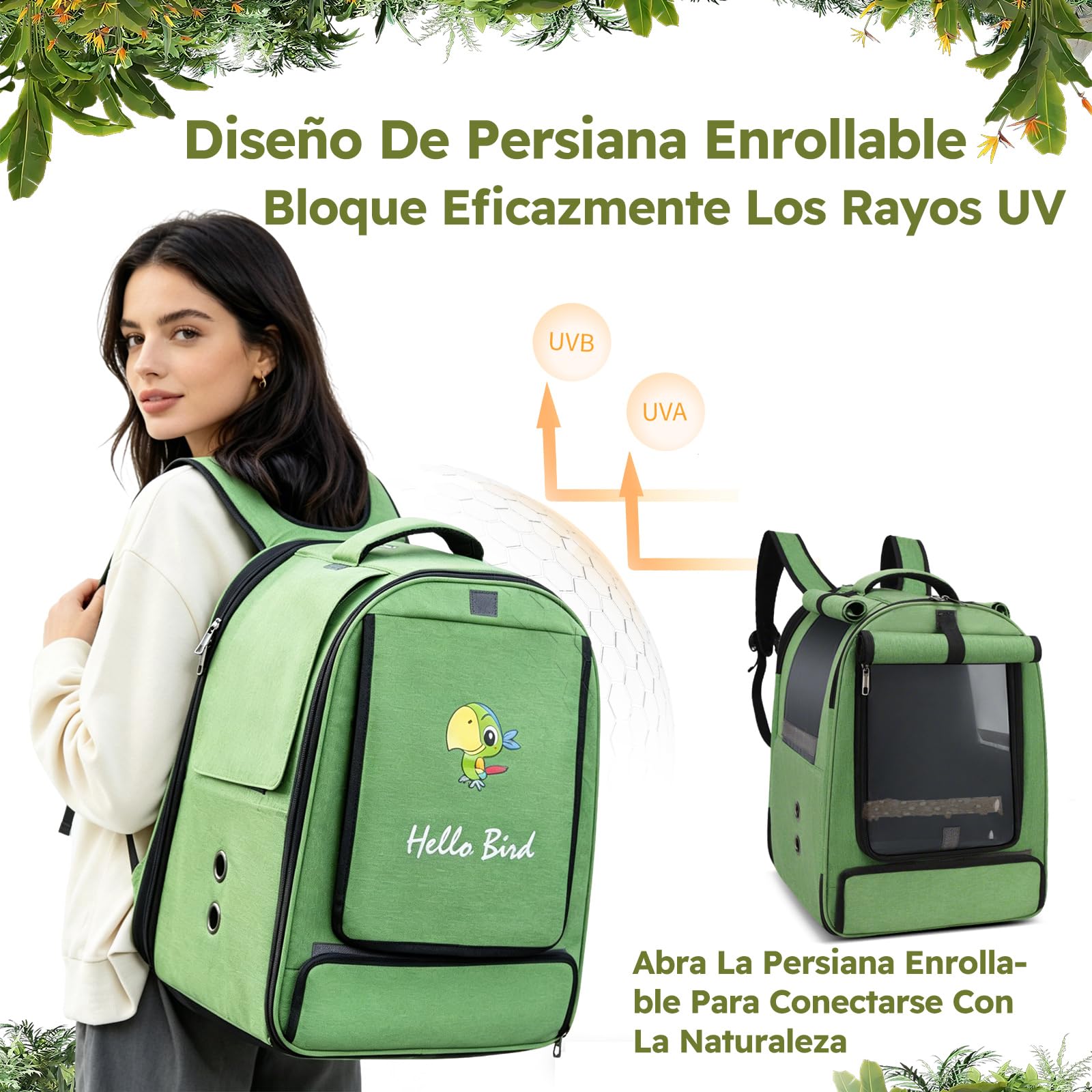 PETCUTE Bolsa de Transporte para Pájaros,Mochila para Pájaros con Percha y 2 Recipientes para Alimentos, Mochila Fácil de Limpiar para Loros, Bolsa de Viaje Portátil para Animales Pequeños,Verde