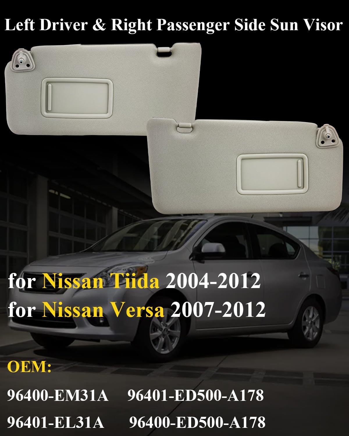 96401-ED500-A178 Left Driver & Right Passenger Side Sun Visor for Nissan Versa 2007-2012,Tiida 2004-2012 - Without Light, with Vanity Mirror, Replace OE#96400-ED500-A178 - Gray Sun Visor
