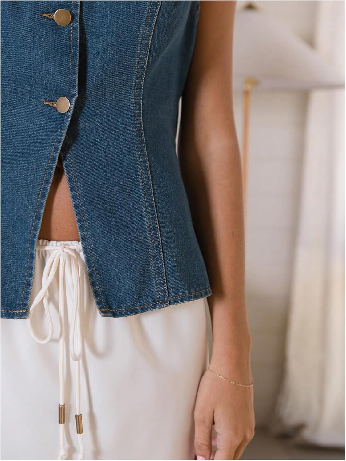 Milumia Women's Vintage Button Down Denim Tank Top Split Hem Sleeveless Vests - Image 5