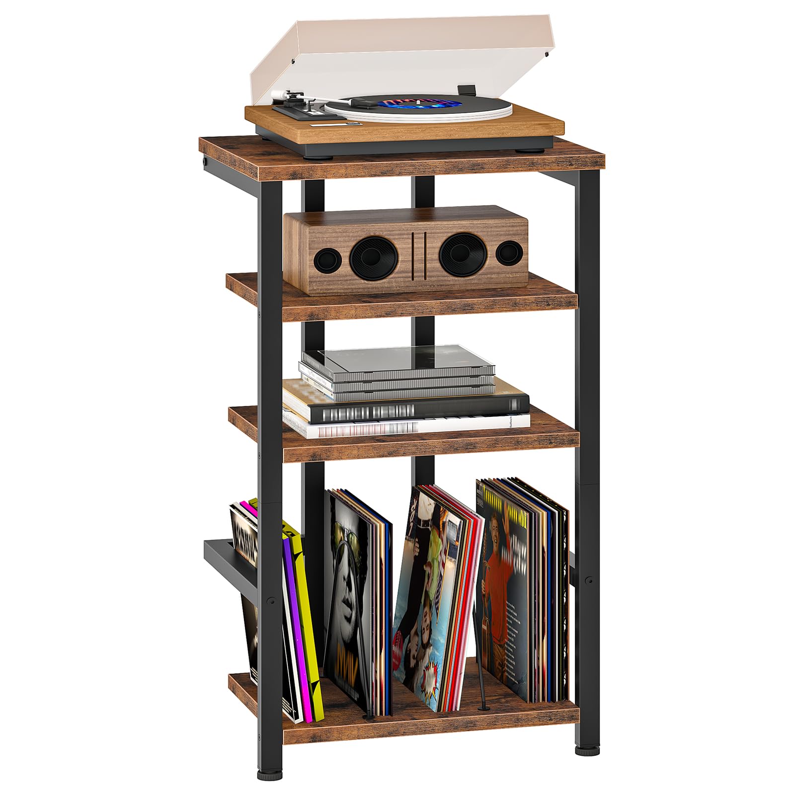 HOOBRO Meuble Tourne-Disque Style Vintage, Rangement Vinyles 4 Niveaux, Étagère Média pour Équipement Audio, Meuble Audio, Hauteur 39 x 28 x 76 cm, pour Salon, Marron Rustique et Noir EBF42CJ01