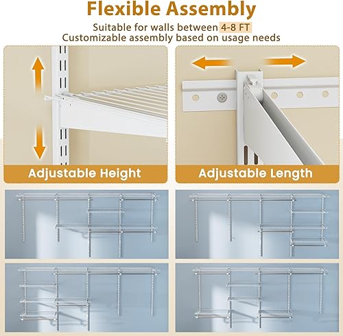 Miniatura 14 de Tangkula 4 to 6 FT Custom Closet Organizer System Kit, Wall-Mounted Storage Organizer with Wire Shelving and Hanging Rods, Adjustable Closet Grey