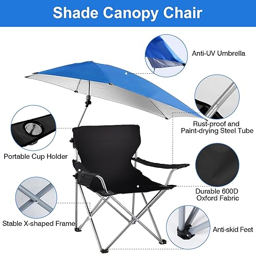 Miniatura 5 de Silla de playa con paraguas, sillas de playa plegables para adultos con toldo de toldo, UPF 50+, ajustable, resistente, silla de césped con soporte