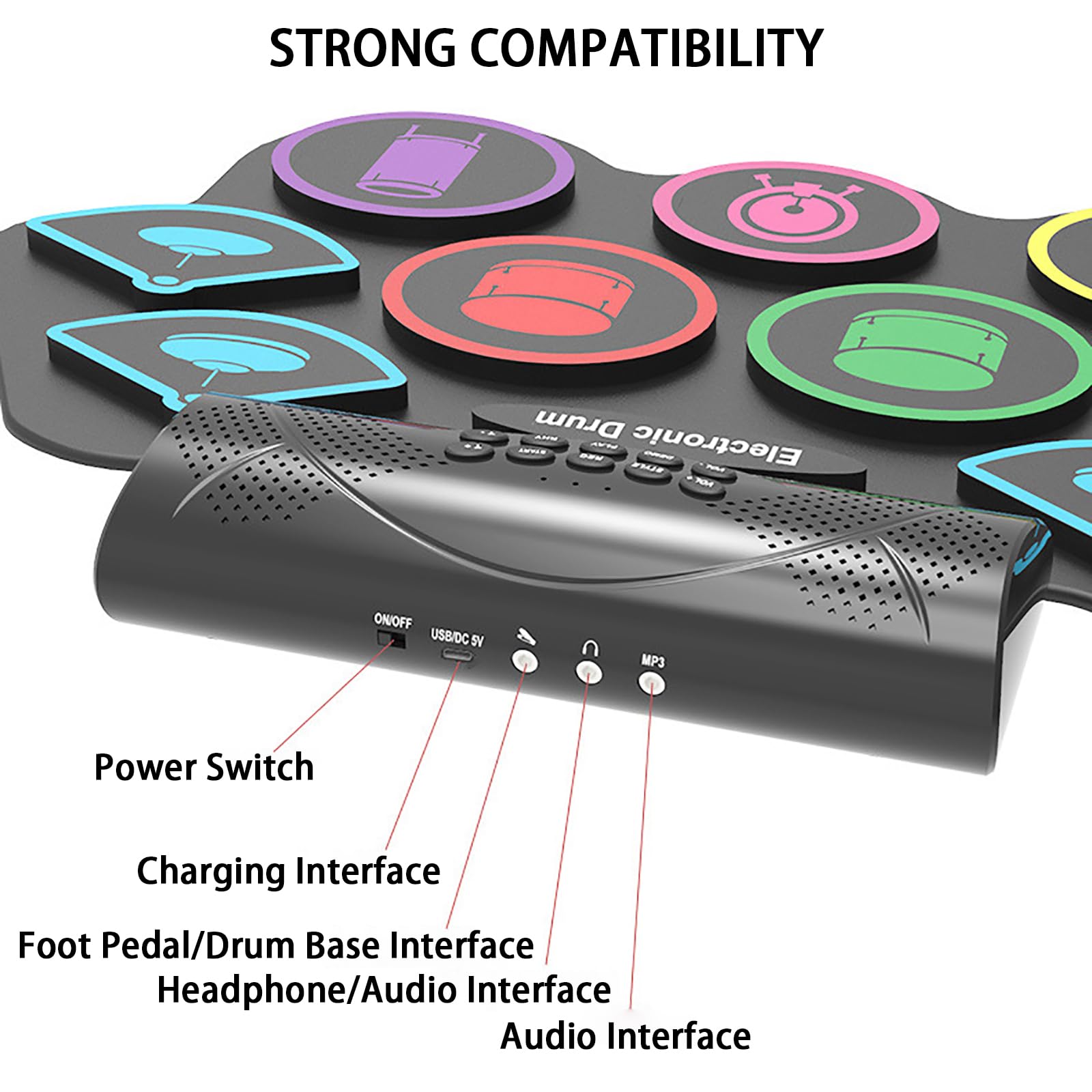 Batería Electrónica Bluetooth Portátil, Batería De Práctica Para Principiantes, 9 Pads De Batería + Tecnología MIDI Conectada A La Aplicación + Grabación De 1 Botón + Amplificador Externo ,Black