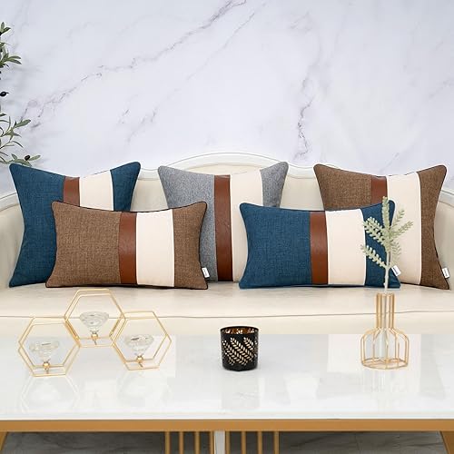 Miniatura 6 de Funda de almohada lumbar de lino de estilo rústico azul, funda de cojín rectangular de piel sintética neutra, para sofá, dormitorio, sala de estar,