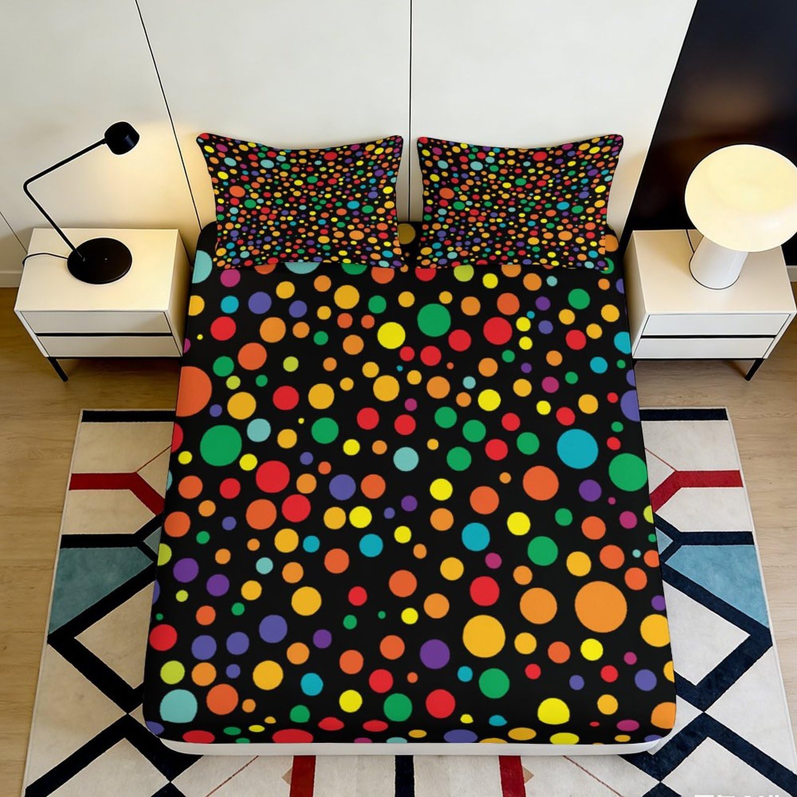 3D Printed Colourful Polka Dot Fitted Sheet Microfiber Soft Multicolour Bubble Bed Cover for Bedroom Dorm Decor 90x200x25cm