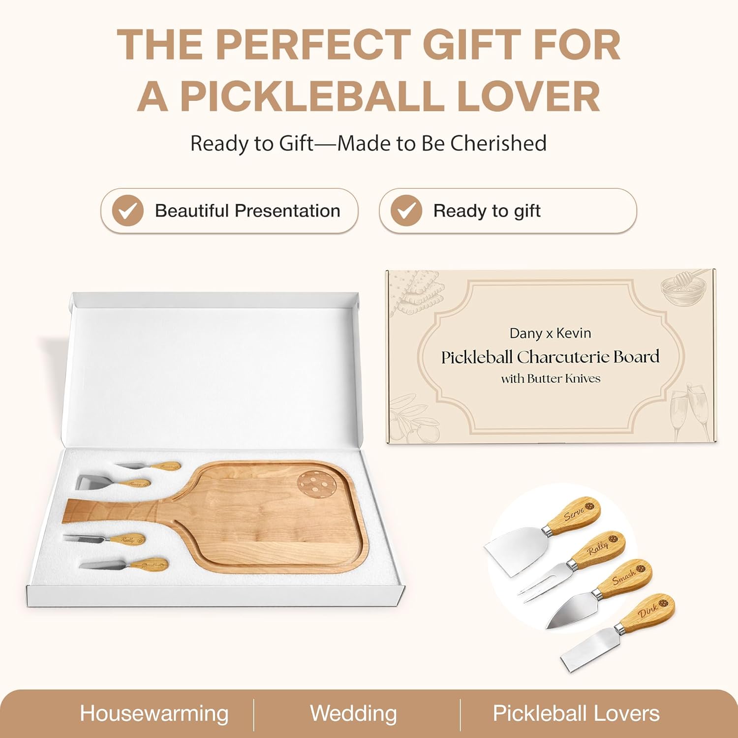 Pickleball Charcuterie Board Gift Set – Premium Birch Wood Paddle Shaped Cheese & Cutting Board (17 x 8.5 x 0.75 inches) with 4 Engraved Cheese Knives, Gift Ready Box