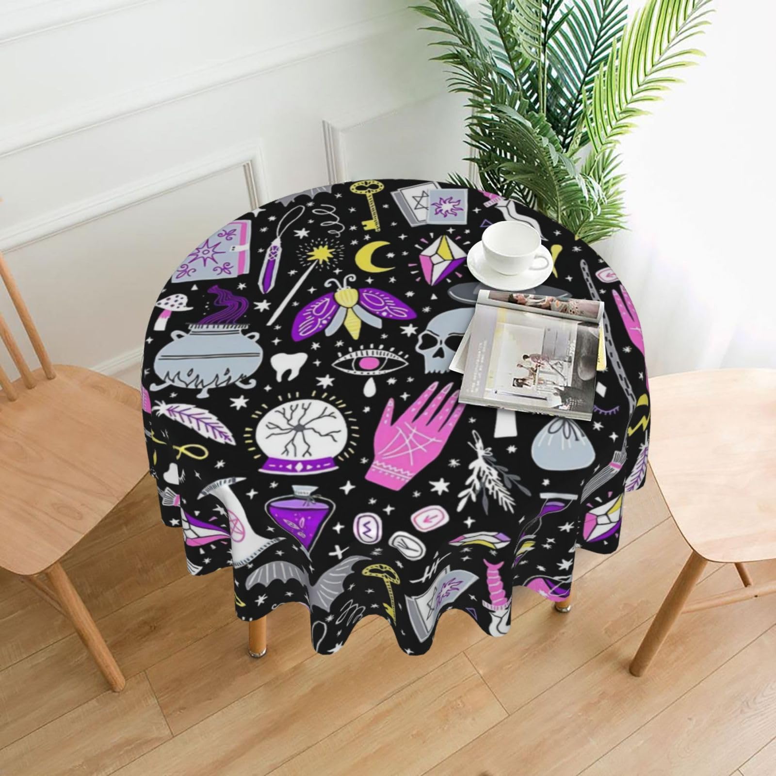 YYHHAOFA Magic Witch Witchcraft Bohemian Drawing Prints 60in Round Decorative Tablecloth – High-Grade Polyester Throw Cover for Dining, Parties, and Outdoor Events