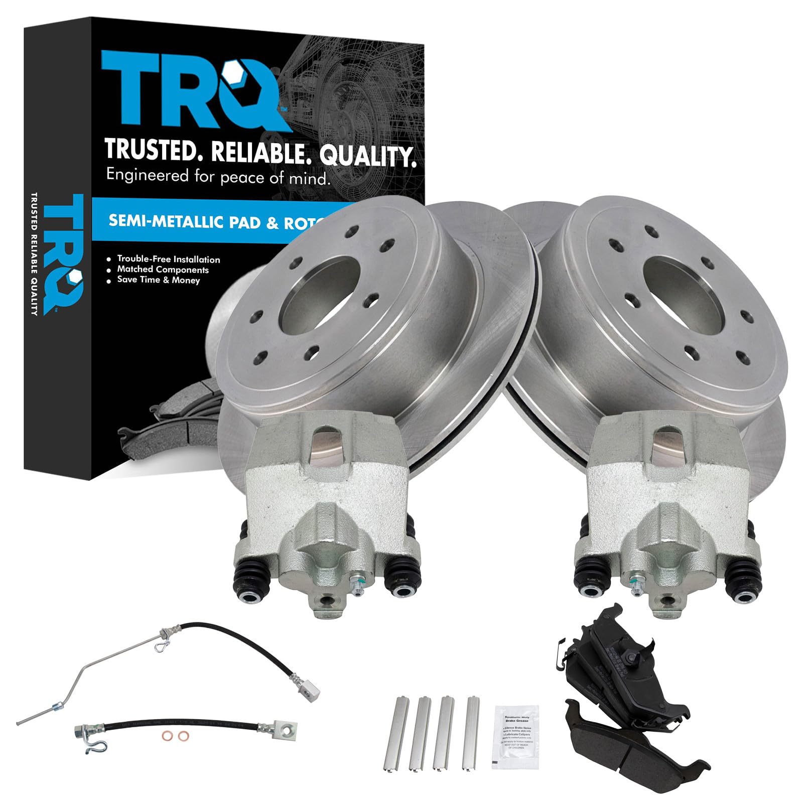 TRQ Rear Brake Pad and Rotor Set Semi Metallic Rotors Calipers Compatible with 2004-2008 Ford F-150