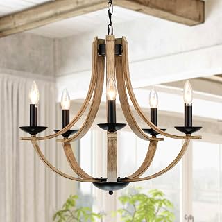 LAMPKEDUO 5-Light Farmhouse Chandelier 24" Faux Wood Rustic Hanging Light for Dining Room Kitchen Island Living Room Foyer