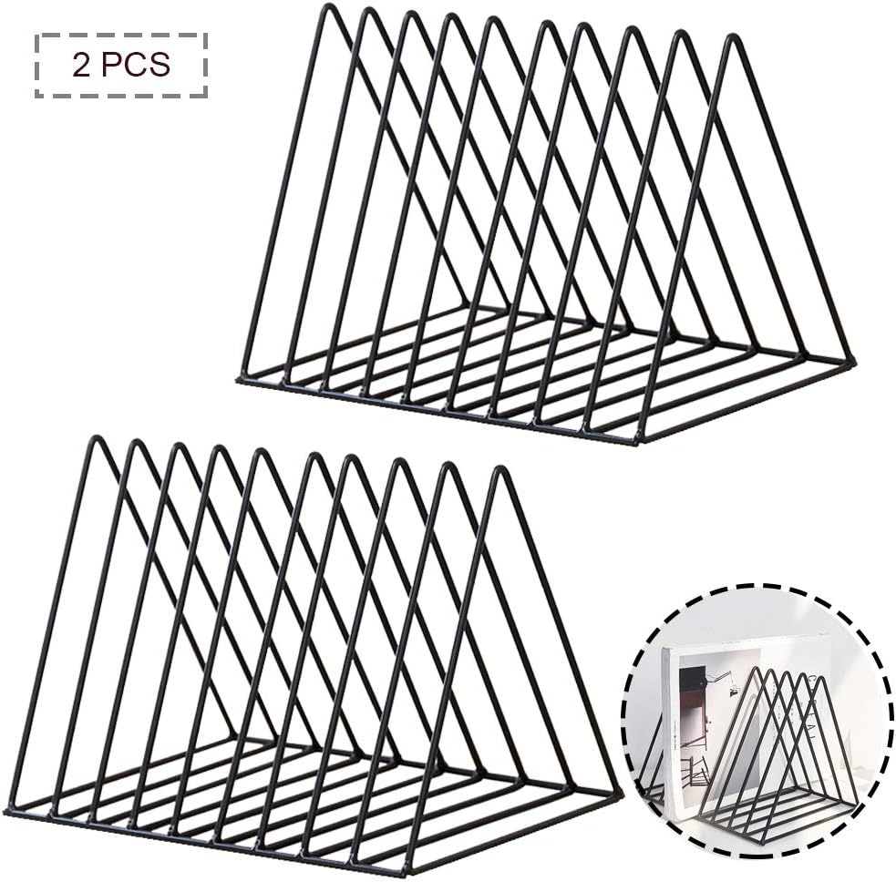 2 Pack Triangle Desktop Magazine File Holder Rack, Sturdy 9 Slot Iron Storage Book Sorter Organizer Bookshelf for Office Home Decoration (Black)