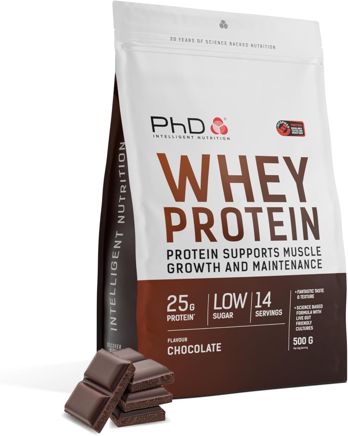 PhD Nutrition Whey Powder 500g Chocolate – with 25g Informed Protein per Serving, enriched with Well-Tolerated Cultures