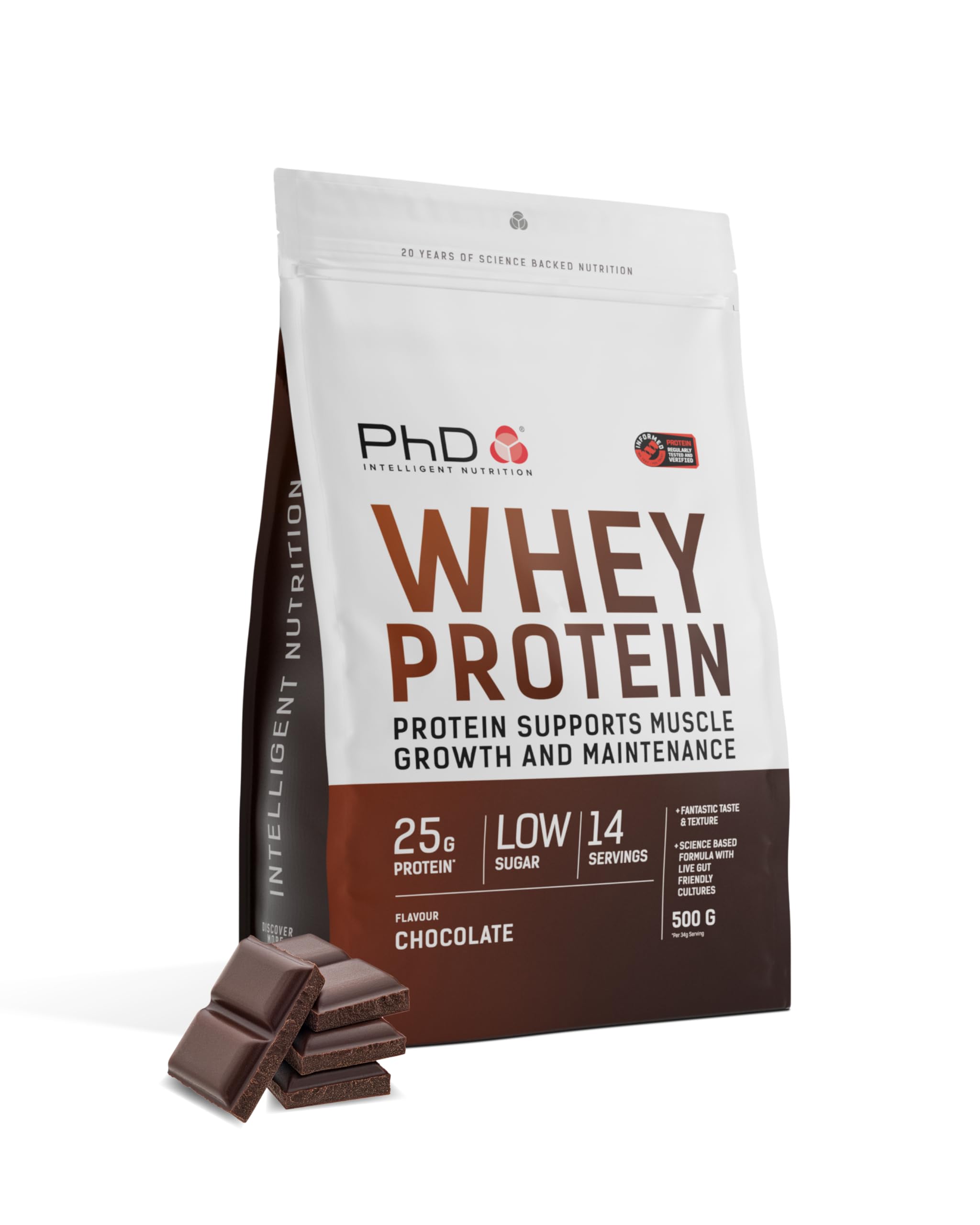 PhD Whey Protein Powder - High Protein Shake with Bacillus Coagulans - Supports Muscle Growth and Maintenance - Chocolate - 500g