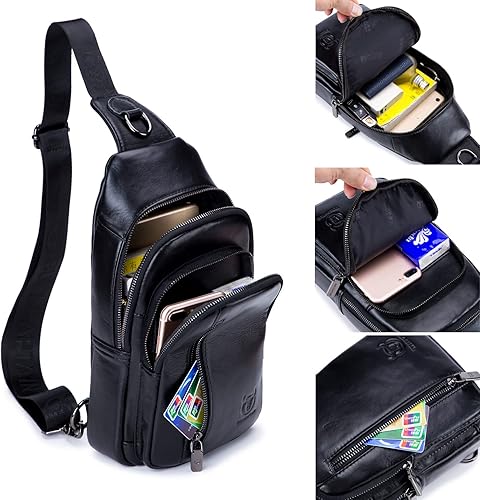 Miniatura 6 de Bolso bandolera de cuero para hombres y mujeres, para viajes al aire libre, camping, senderismo, casual, bolsa de hombro para el pecho, #01Negro,