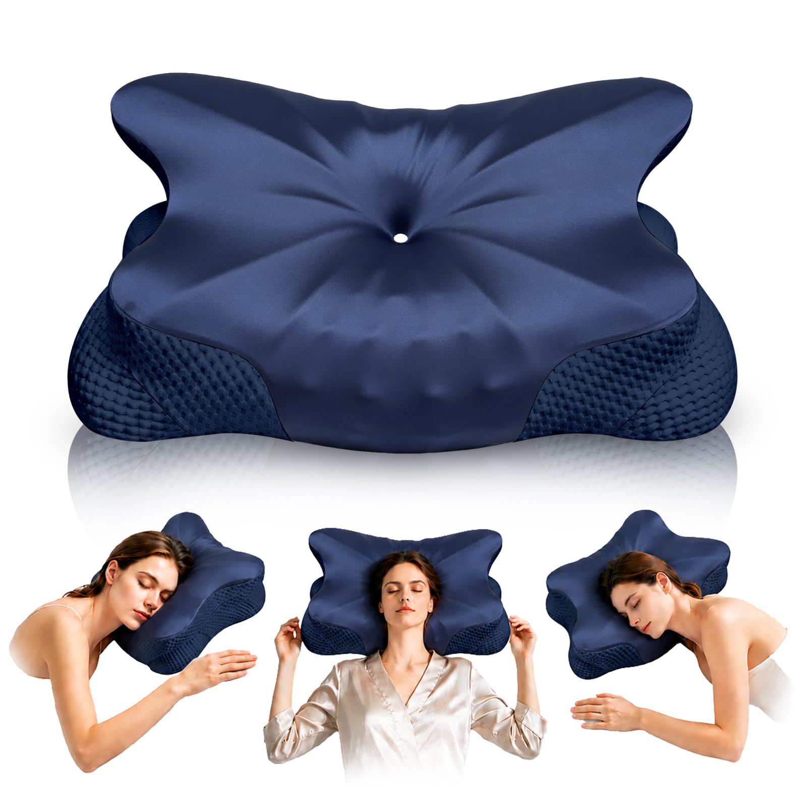 Ergonomisches Kopfkissen - Zwei Höhen Seitenschläferkissen mit Kühlender Eisseide-Bezug, OEKO-TEX STANDARD 100 Memory Foam Nackenkissen für Seiten, Rücken & Bauchschläfer, Mitternachtsblau