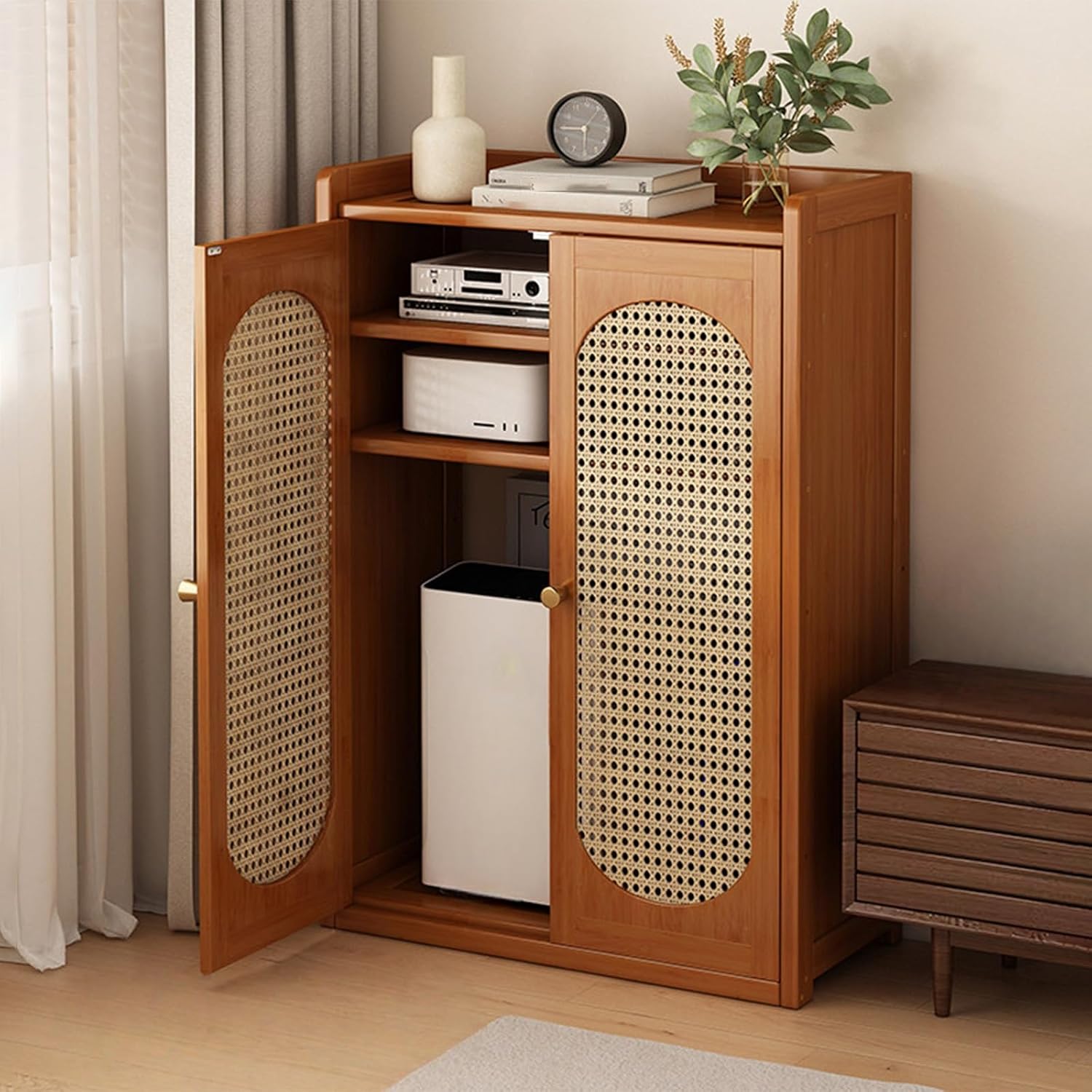 Floor Standing Router Storage Box, Rattan WiFi Router Storage Cabinet, Bamboo Accent Floor Storage Box, Strong Legs,for Office and Home(60 * 25 * 82cm/23.6 * 9.8 * 32.3in)