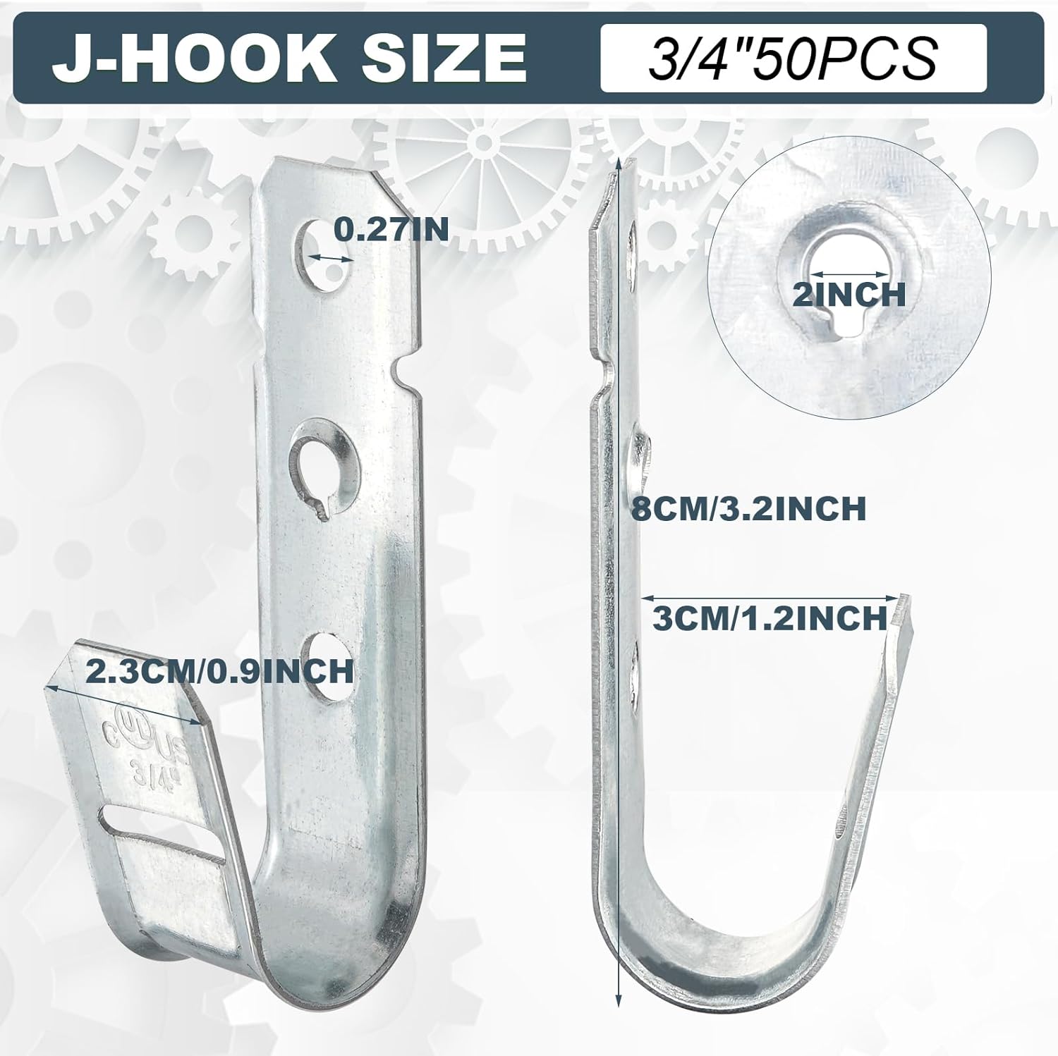 COCODE 50 Pack 3/4’’ J Hooks Cable Hangers Without Retainer Clip Galvanized Steel Wall Mount Heavy Duty Utility Hooks Cable Management for Structured Cabling