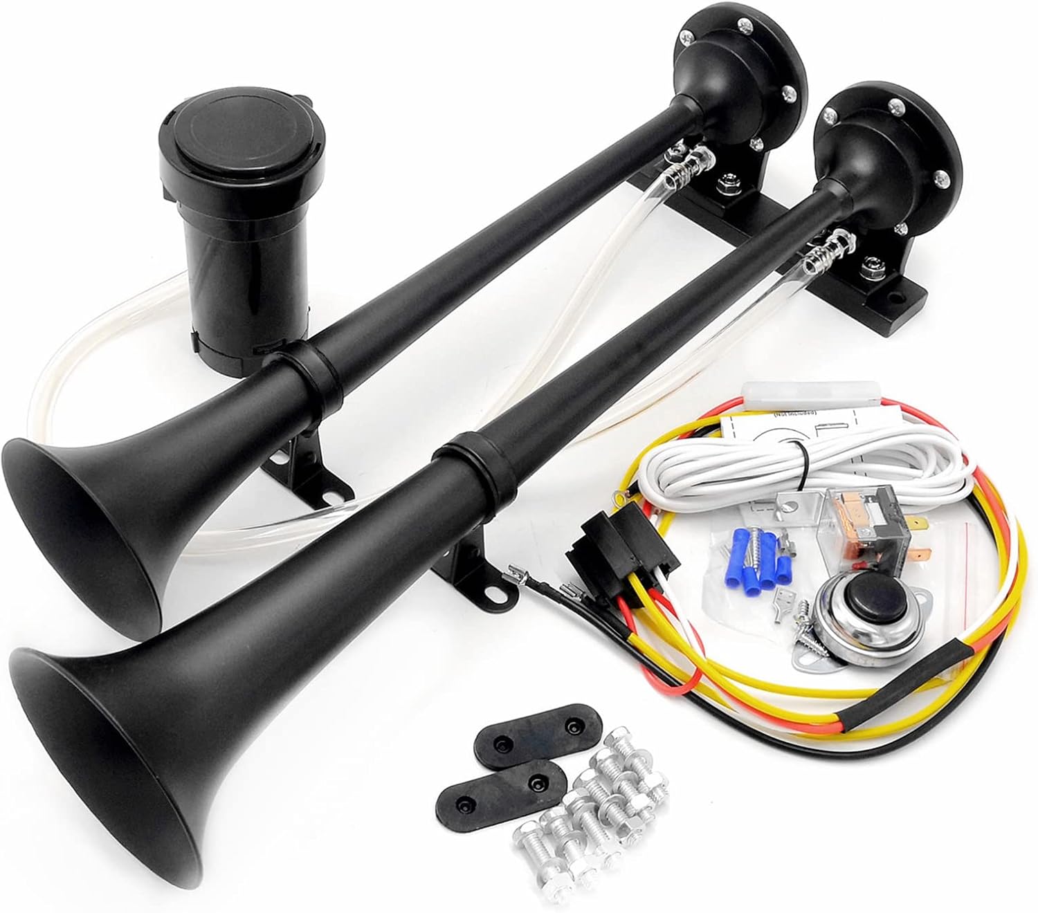 Car Horn 24V 165DB Air Horn 45cm Ship horn Chrome Zinc Double Trumpet black Truck Air with Compressor High Tone and Low Tone super loud Speaker for Any 24V car yacht Lorry Train etc, Black