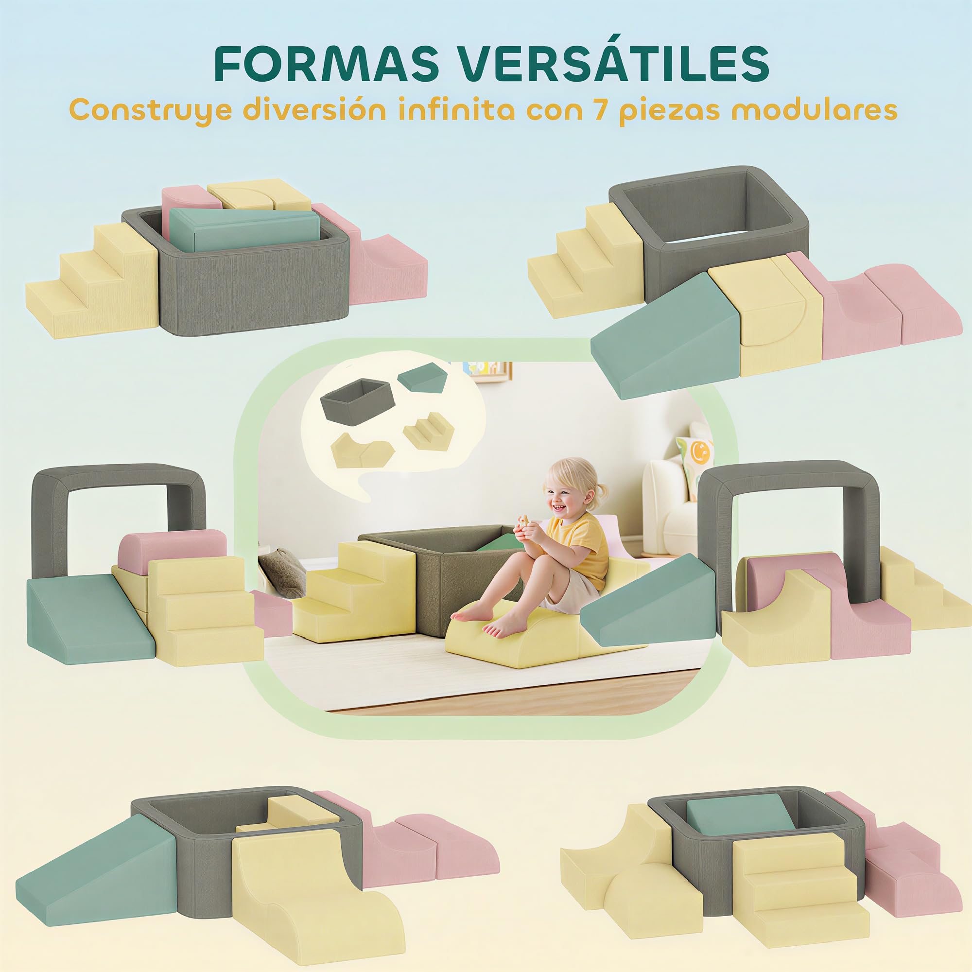 AIYAPLAY Juego de 7 Bloques de Espuma para Niños, Bloques de Psicomotricidad con Fundas de Pana Desmontables, Set de Escalada para Gatear y Escalar en Interior, Multicolor