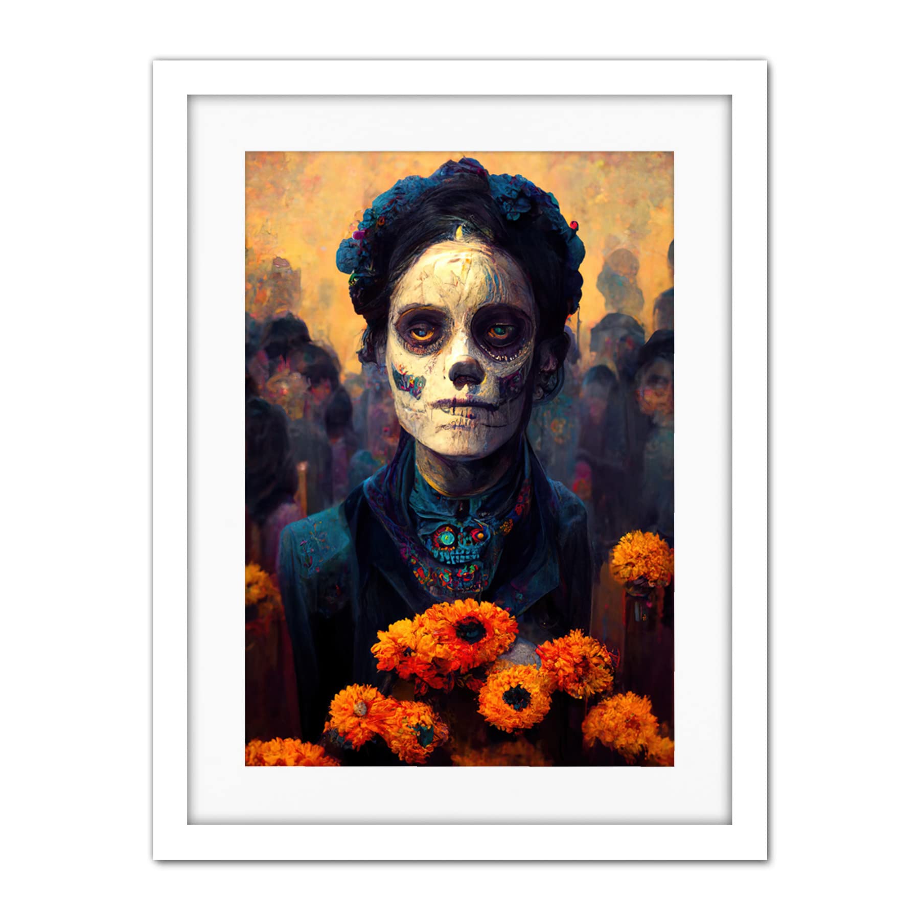 Day Of Dead Skull Marigold Flowers Artwork Framed Wall Art Print 18X24 Inch