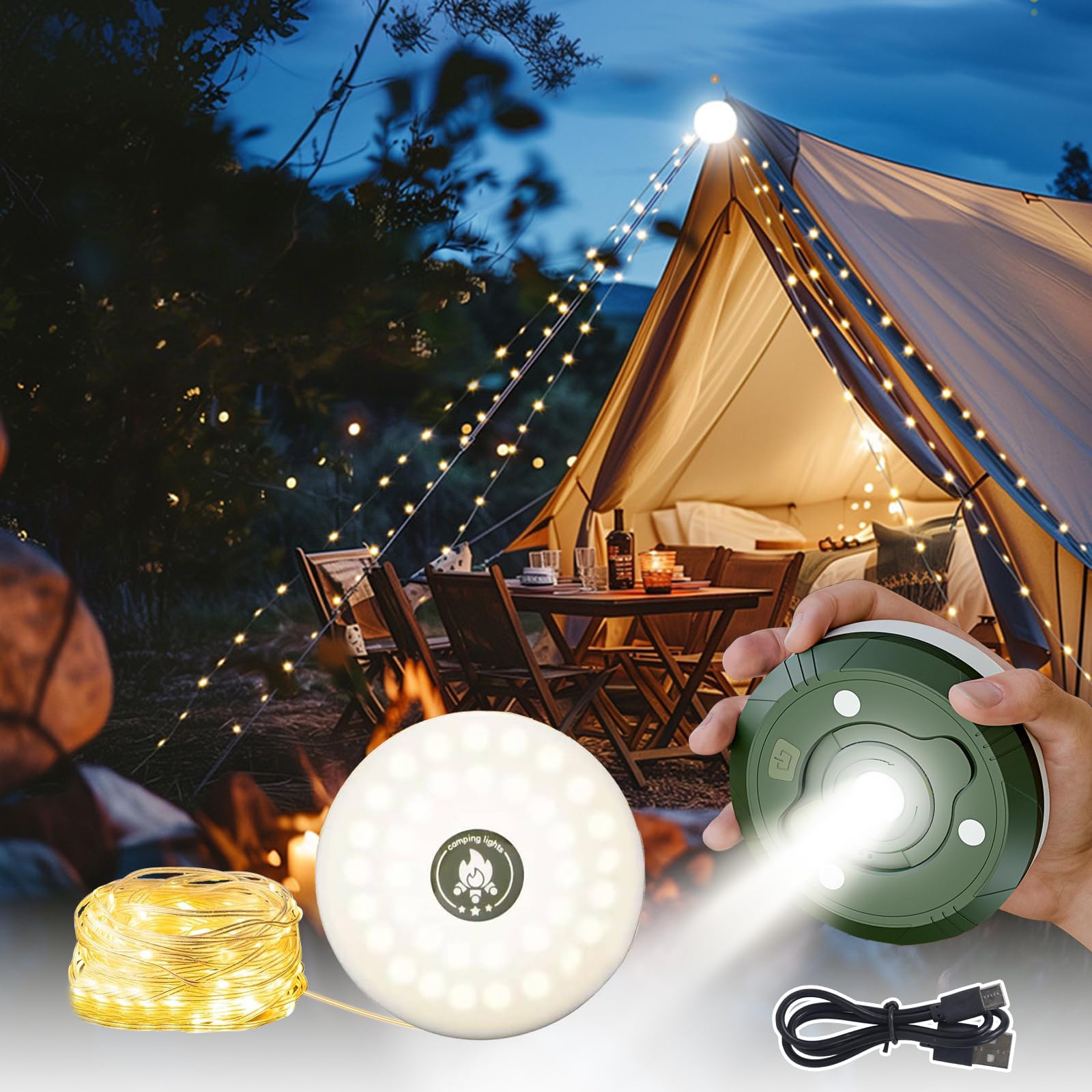 Melofo Rechargeable Camping String Light,32ft Outdoor IP44 Waterproof Camp lamp with 8 Lighting Modes