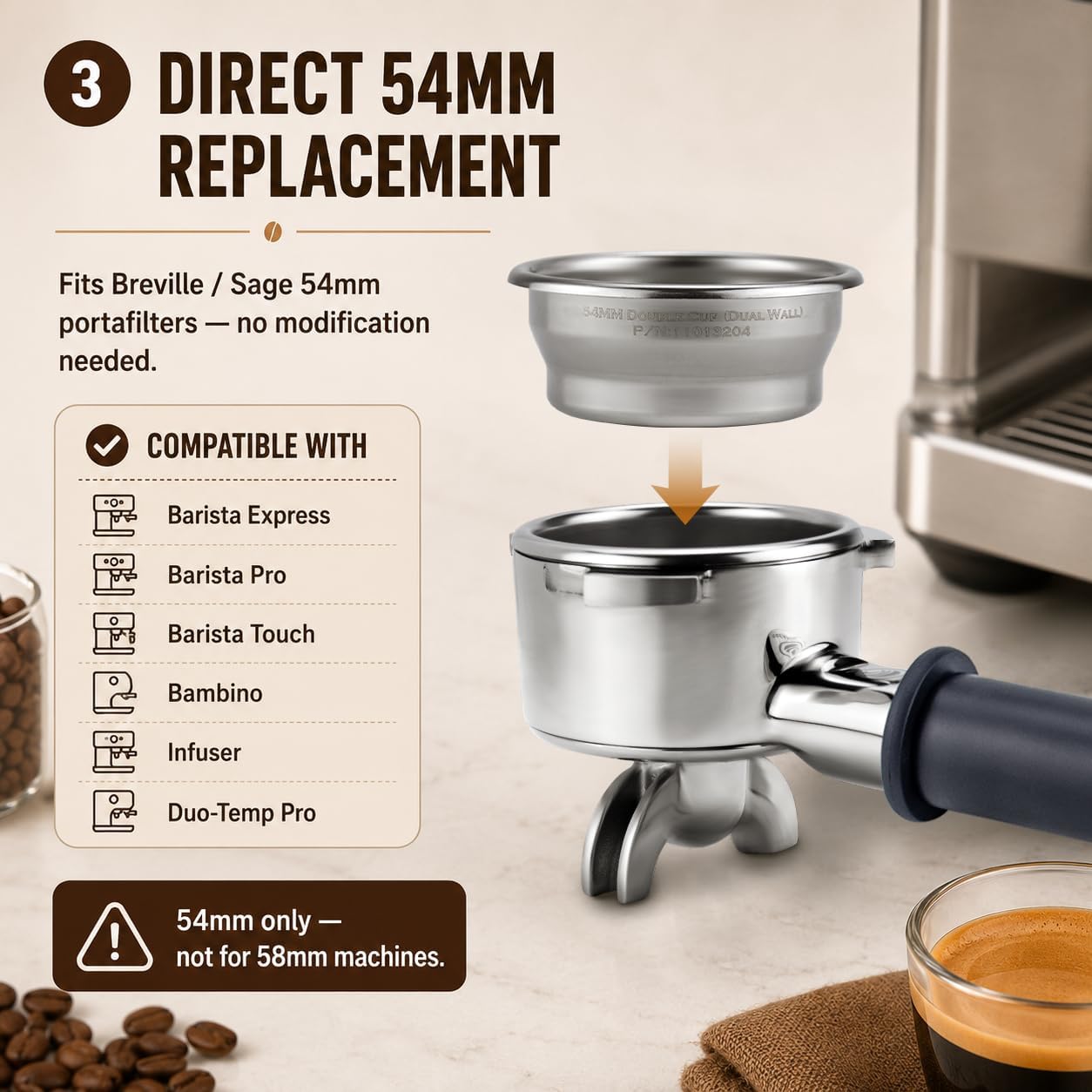 54mm Pressurized Double Cup Basket, Dual Wall, 16-20g, Thick Crema with Any Beans, 304 Stainless Espresso Filter for Breville Barista Express/Pro/Touch/Bambino (870/878/880/450/840)