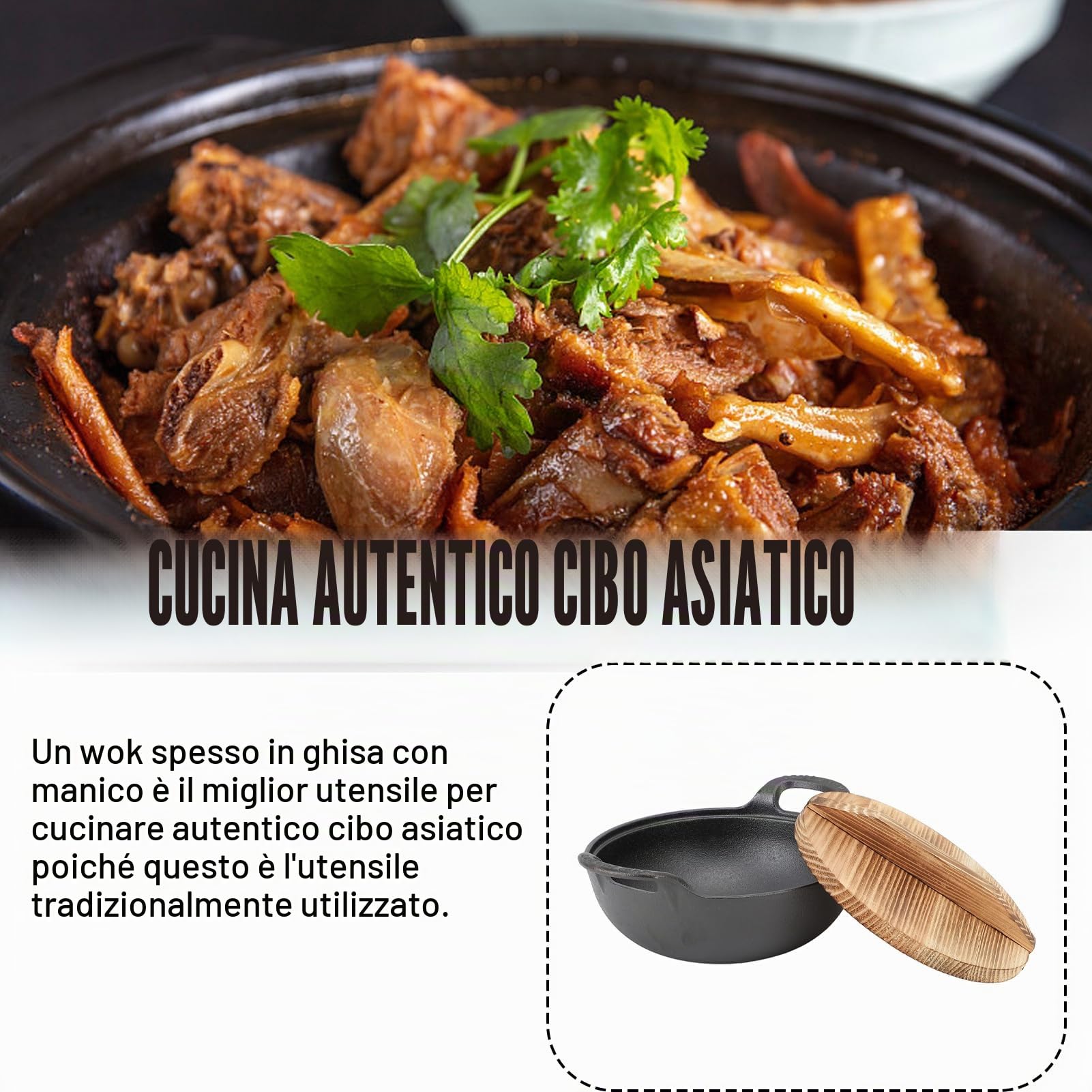 Padella wok con coperchio, in ghisa, con 2 manici, coperchio in legno con base piatta non rivestita per mescolare friggere grill a vapore autentico cibo asiatico cinese (25 cm)