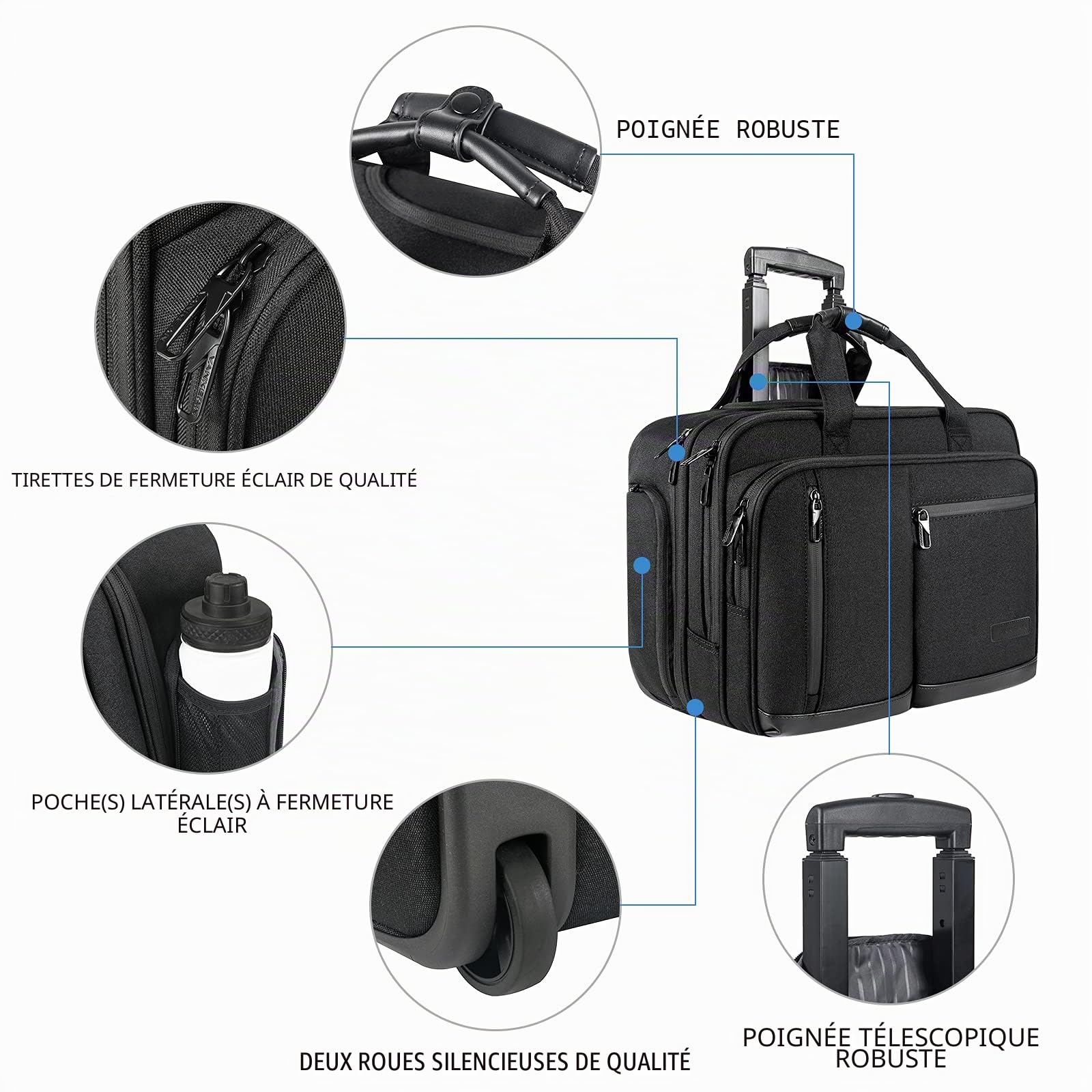 VANKEAN Sacoche à roulettes pour Ordinateur Portable de 17,3" pour Homme, Mallettes à roulettes pour Ordinateur Portable élégante et résistante à l'eau avec Poches RFID pour Voyage