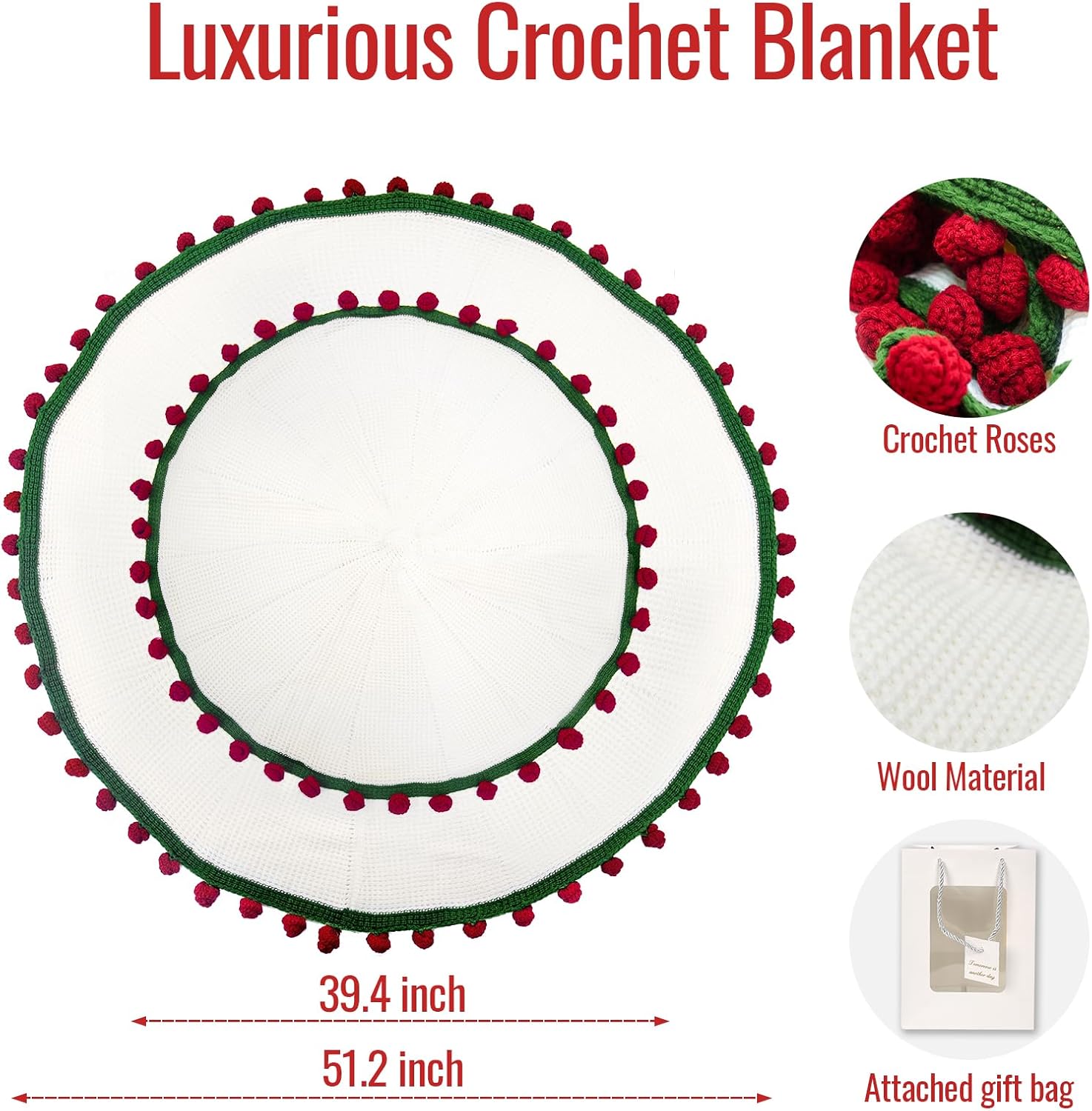 Crochet Bouquet Throw Flower Blanket, 51" Handmade Knitted Red Rose Flower Bouquet Blanket, Cute Romantic Gifts for HerGirlfriend Mom Mother's Day Birthday Wedding Valentine Anniversary, Red Rose