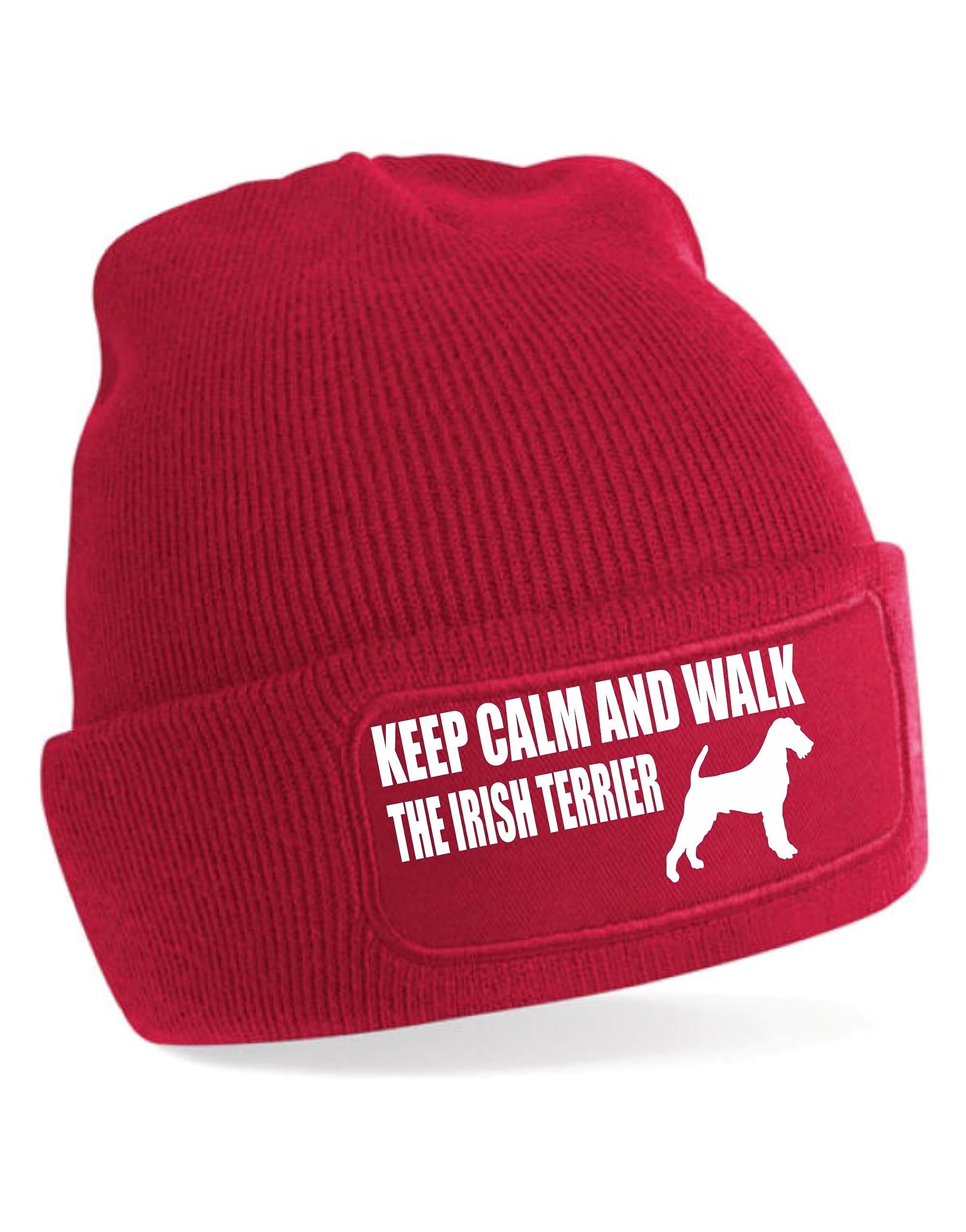 Print4u Women's Red Keep Calm & Walk Irish Terrier Beanie Hat Dog Lovers Gift Men &