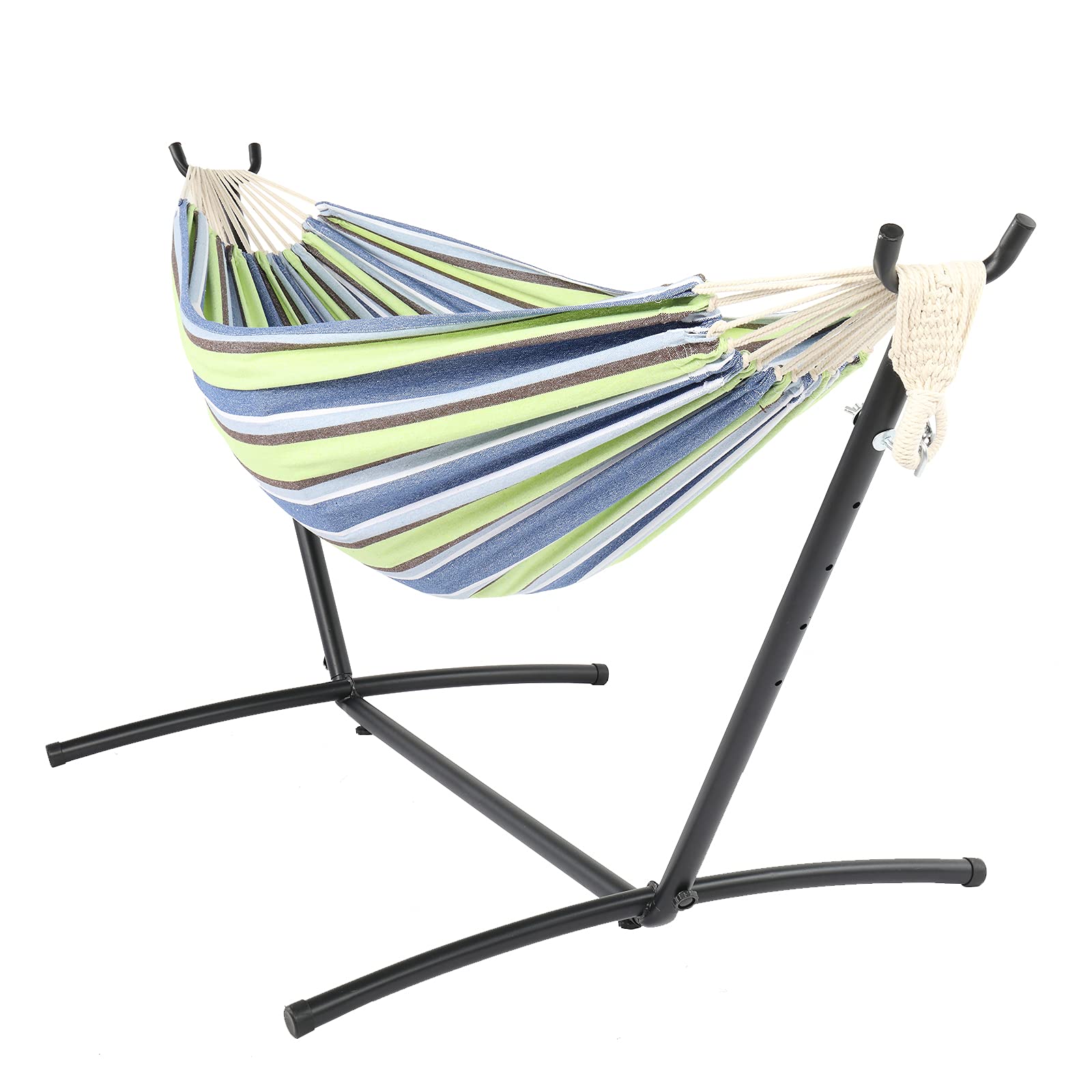 YYAO Iron Polyester Cotton Hammock Set for Indoor Outdoor Use(Green Strip-Hammock Natural Rope)